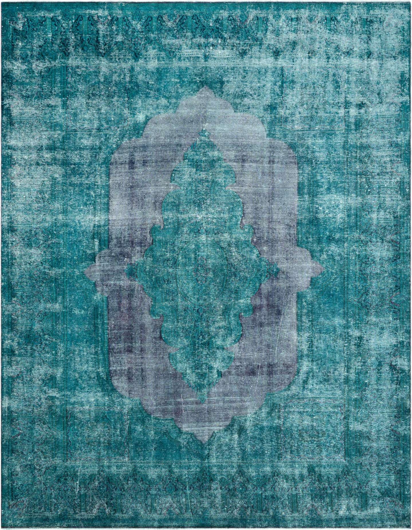 A 10x13 rectangular Vintage Royal Persian rug in shades of green with a distressed traditional medallion pattern, ideal for a living room.