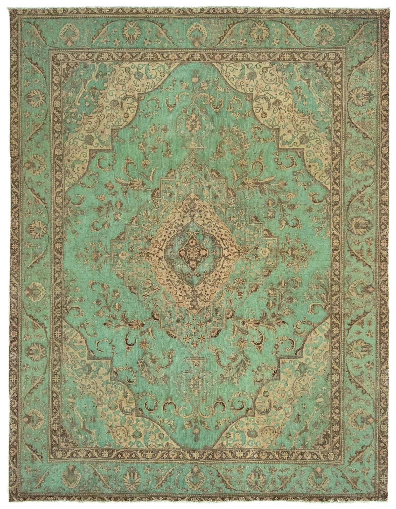 A large 10x13 rectangular green Persian rug with an intricate medallion and border pattern in muted beige and brown tones.