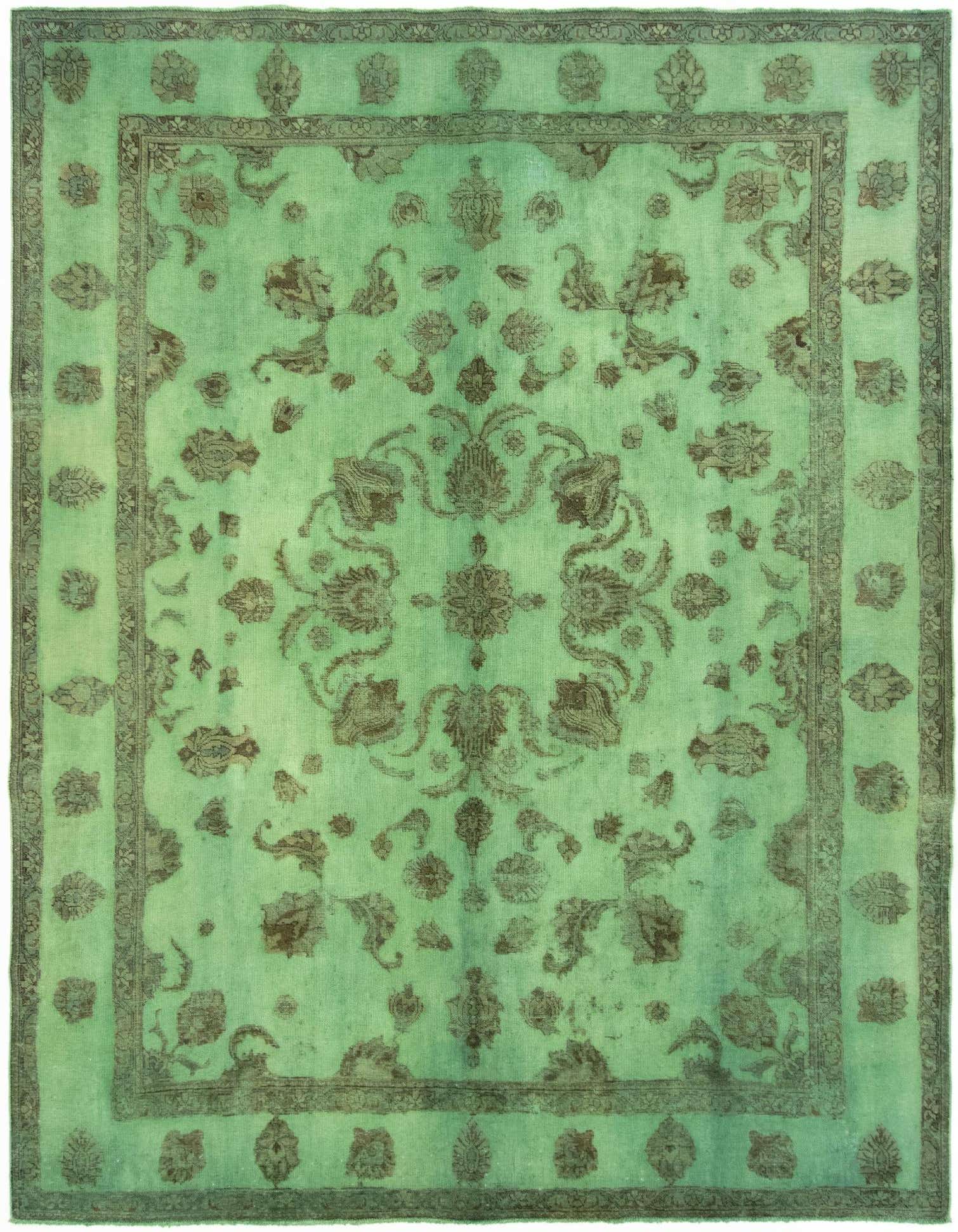 A 10x12 rectangular Vintage Royal rug in shades of green with an intricate, faded Persian floral pattern and border.