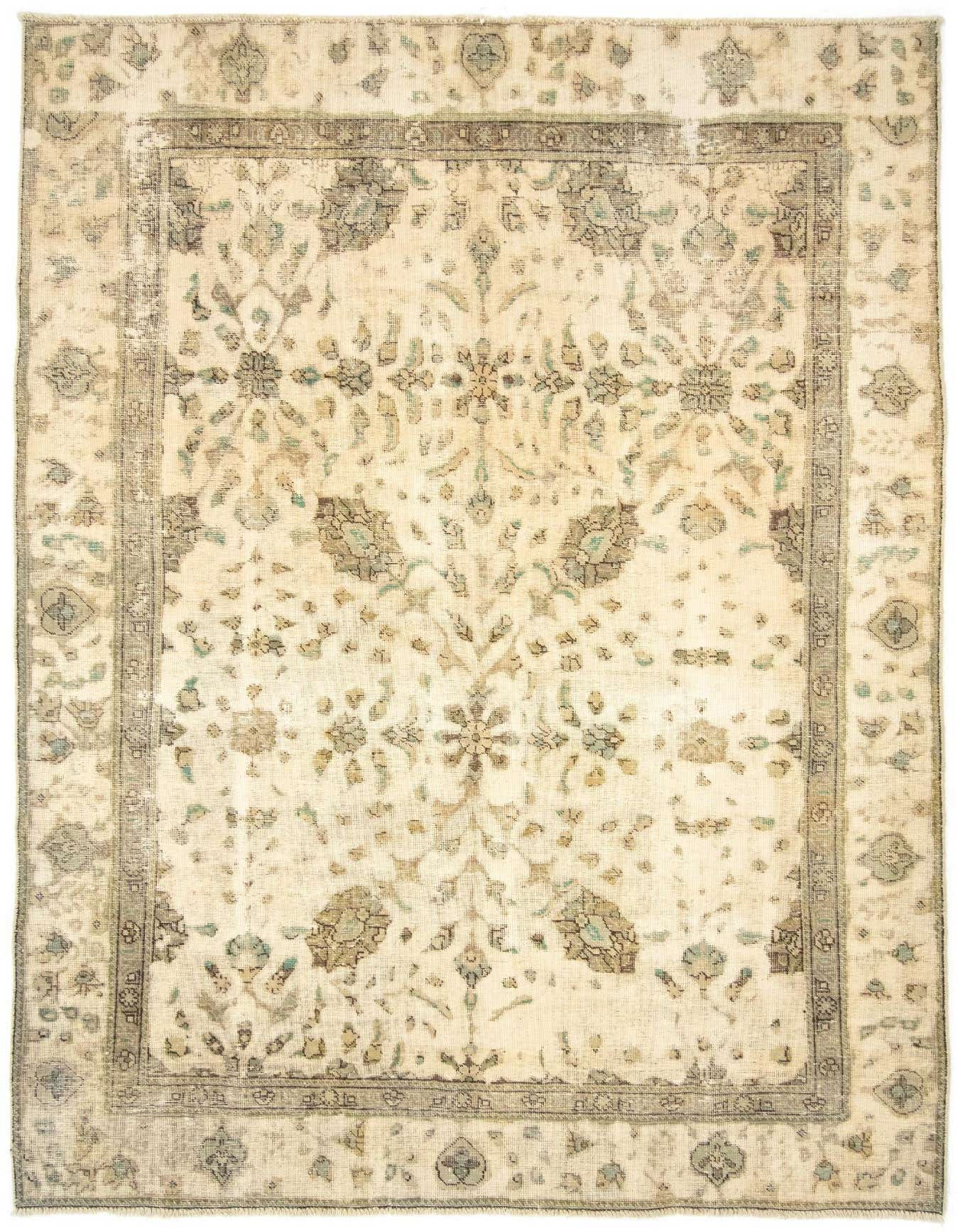 A 6x9 rectangular Vintage Royal Persian rug with a faded green and ivory floral pattern and a decorative border.