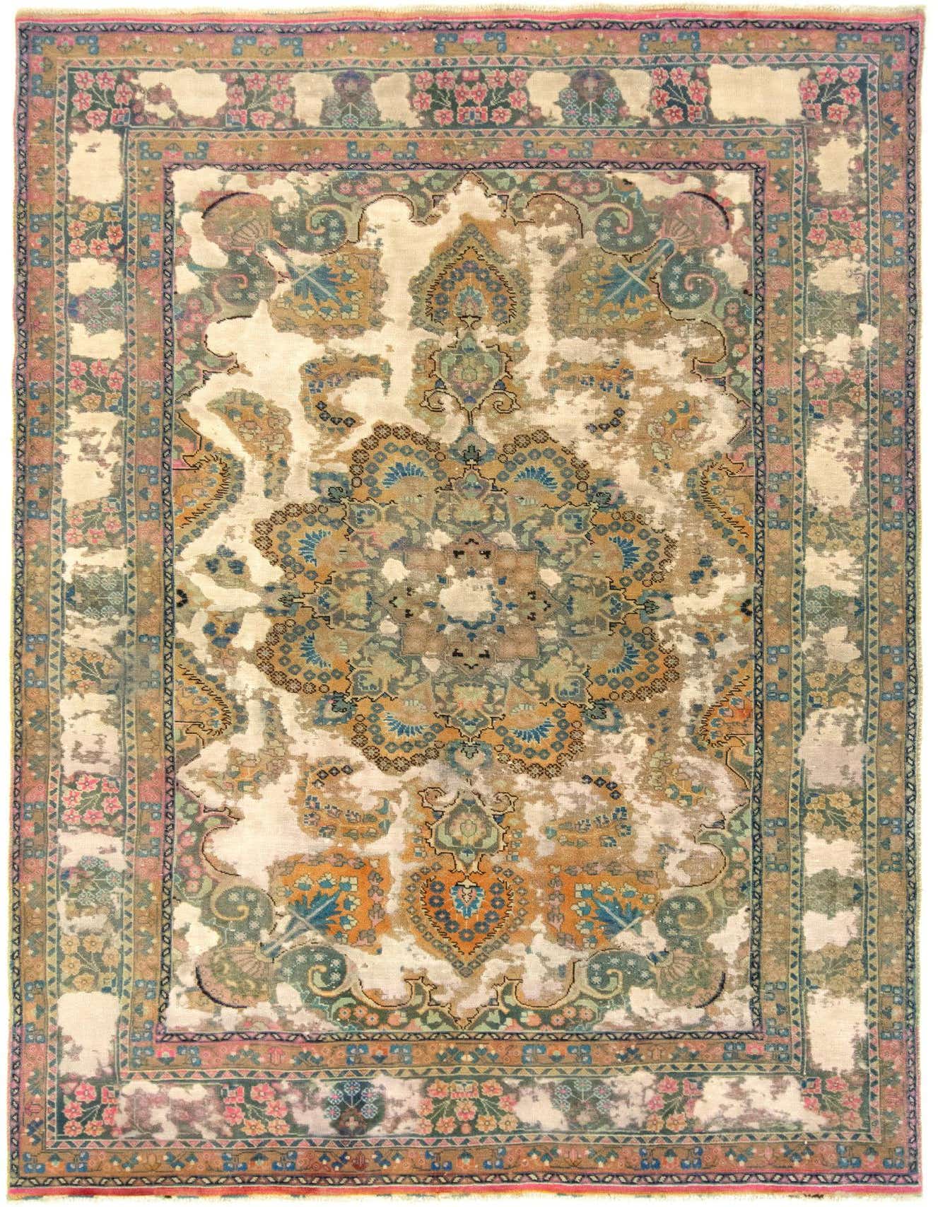 A distressed 6x9 rectangular Persian rug with a faded green, blue, and orange medallion pattern on a cream background.