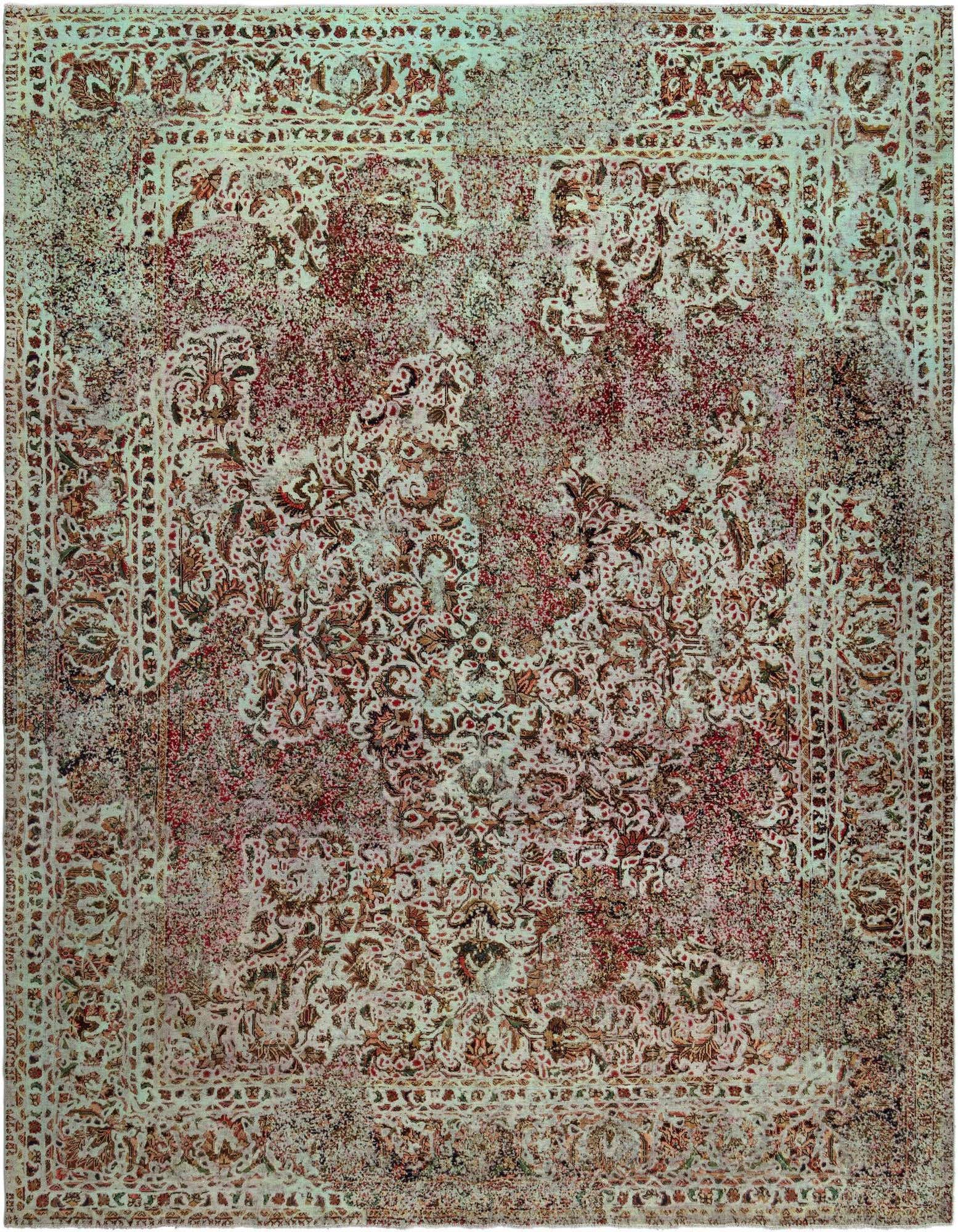 A 10x12 rectangular Rugs.com Vintage Royal Persian rug featuring a distressed green and red floral pattern with an intricate border.