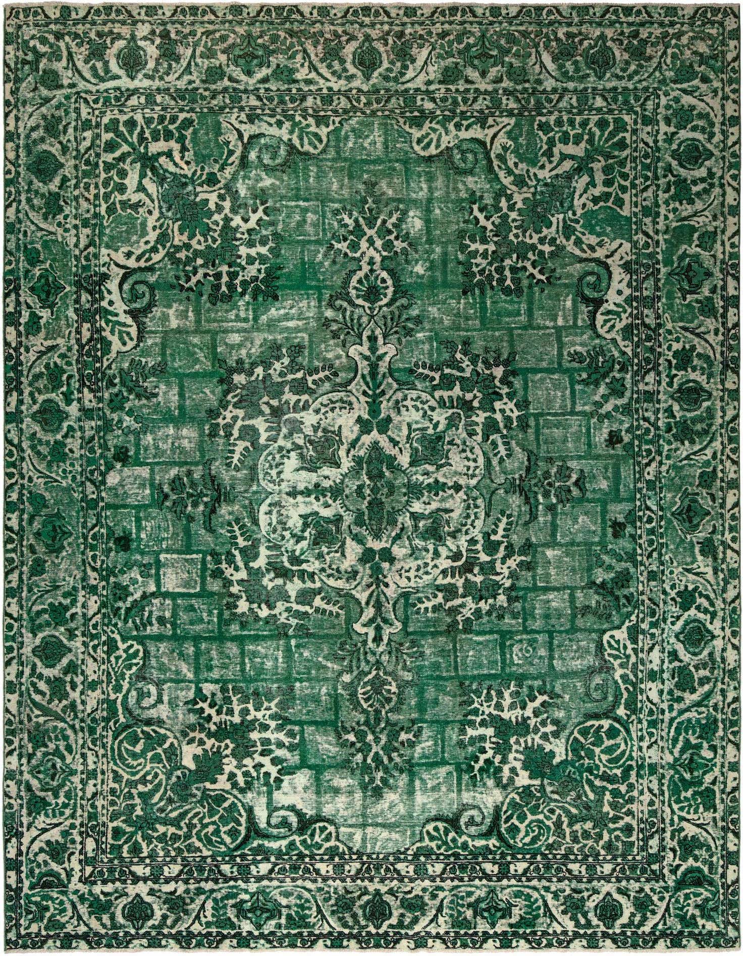 A 9x12 rectangular green Persian rug with an ornate medallion and border pattern, featuring a distressed, vintage look.
