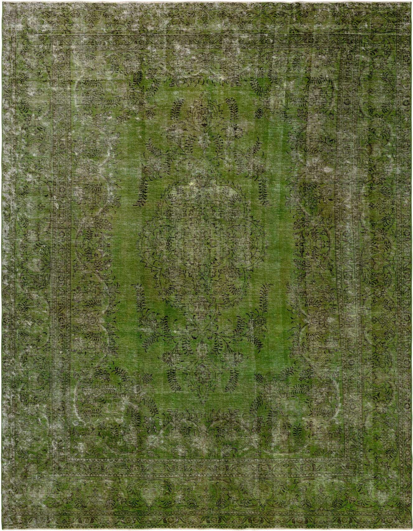 A rectangular 8x11 green Persian wool area rug with a distressed, intricate floral pattern, suitable for a living room.
