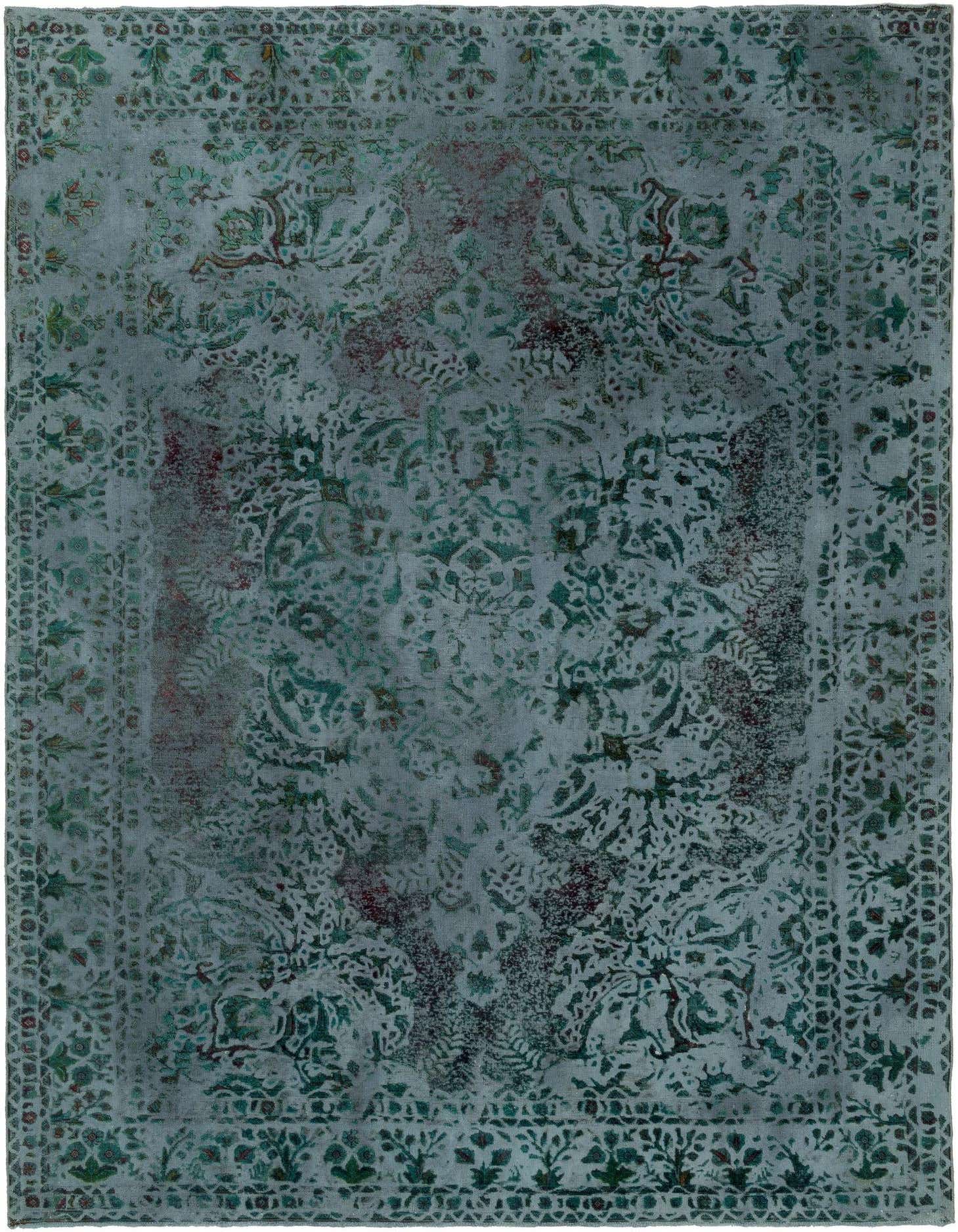 An 8x11 rectangular green Persian area rug featuring a distressed traditional floral pattern in varying shades of green and hints of red.