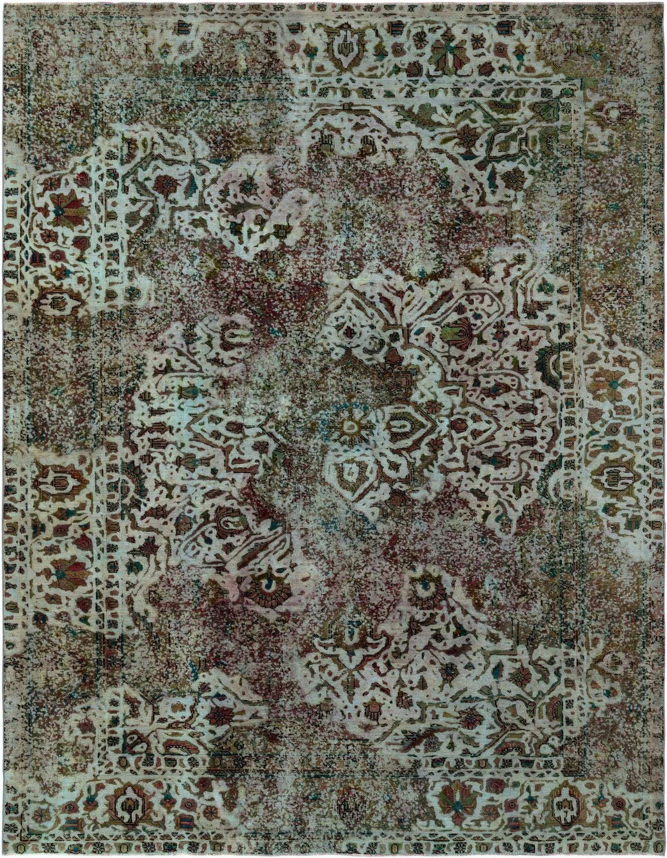 A 6x9 rectangular Rugs.com Vintage Royal rug featuring a distressed green and cream Persian pattern, ideal for a living room.