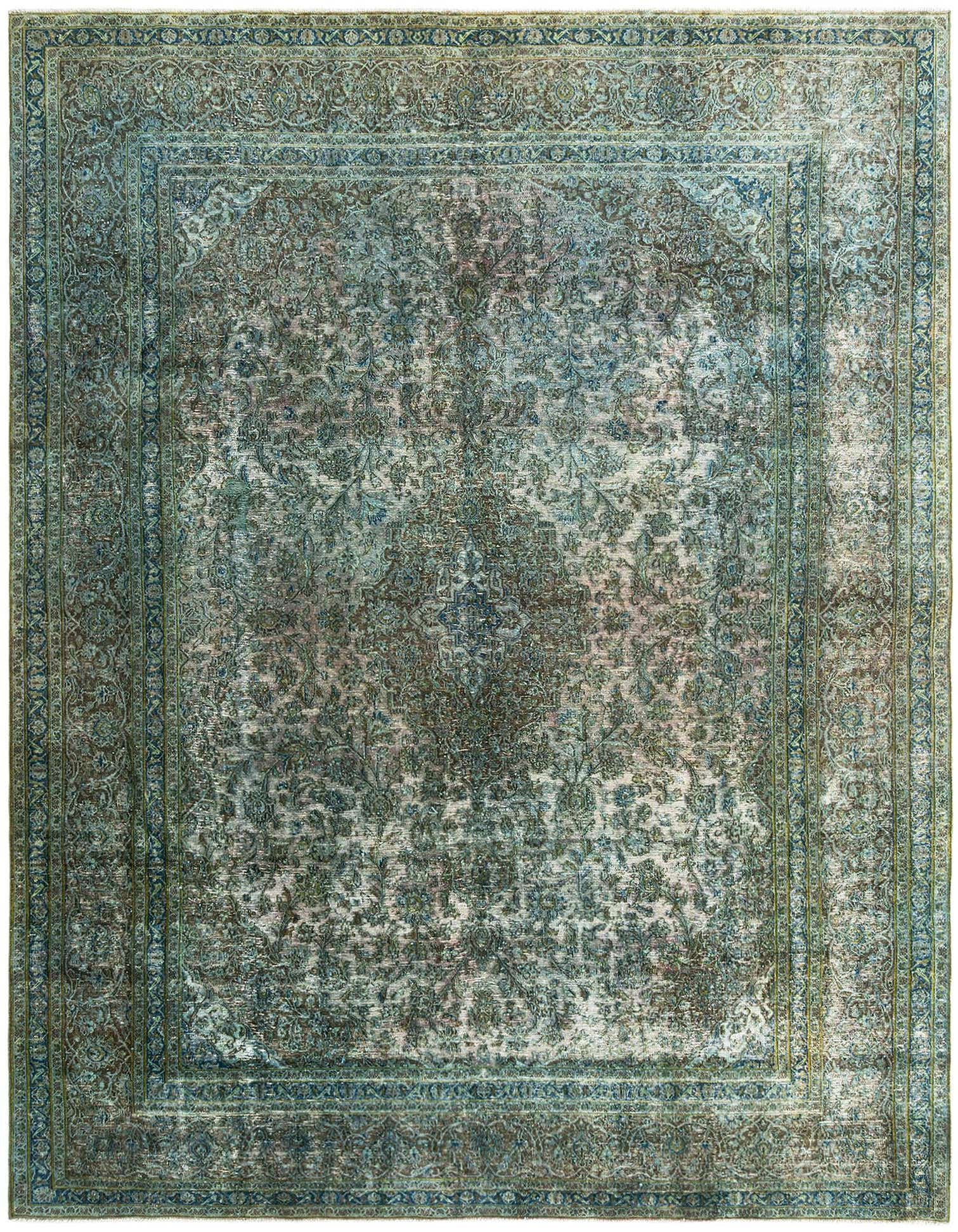 A 9x12 rectangular Rugs.com Vintage Royal rug featuring an ornate green vintage pattern with a distressed look.