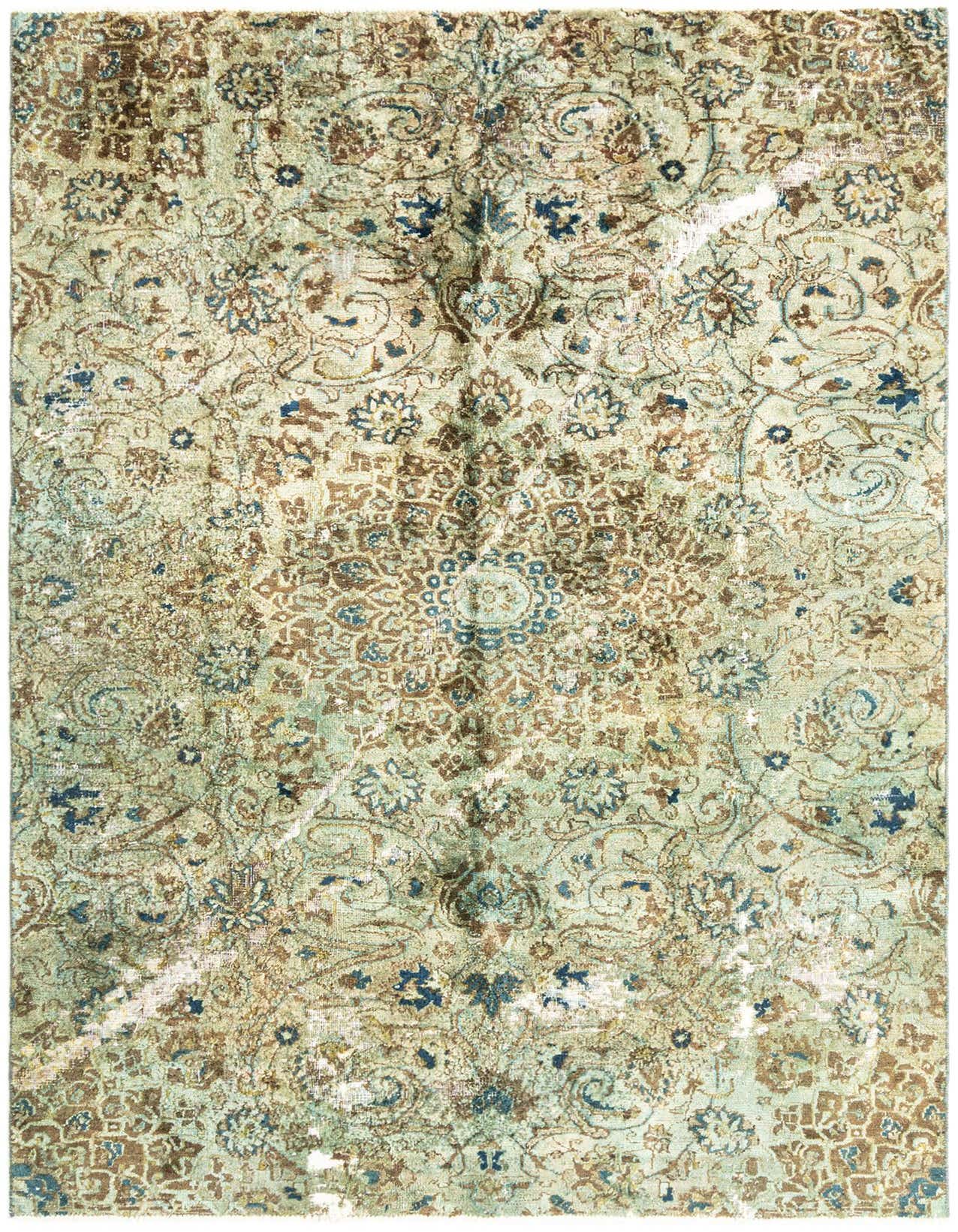 A 3x5 rectangular green vintage wool rug with an ornate floral and medallion pattern in shades of green, brown, and blue.