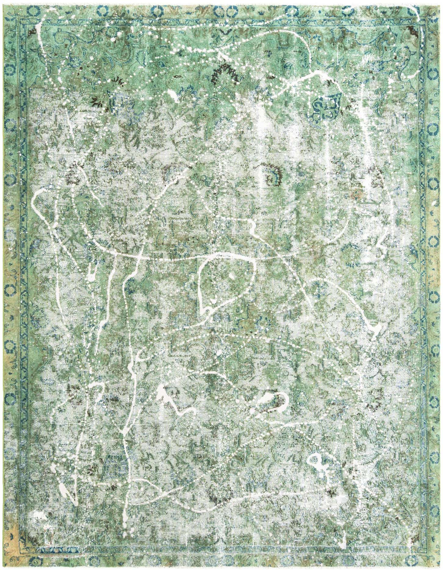 A 7x10 rectangular green vintage wool rug with a distressed pattern and subtle ornate border.
