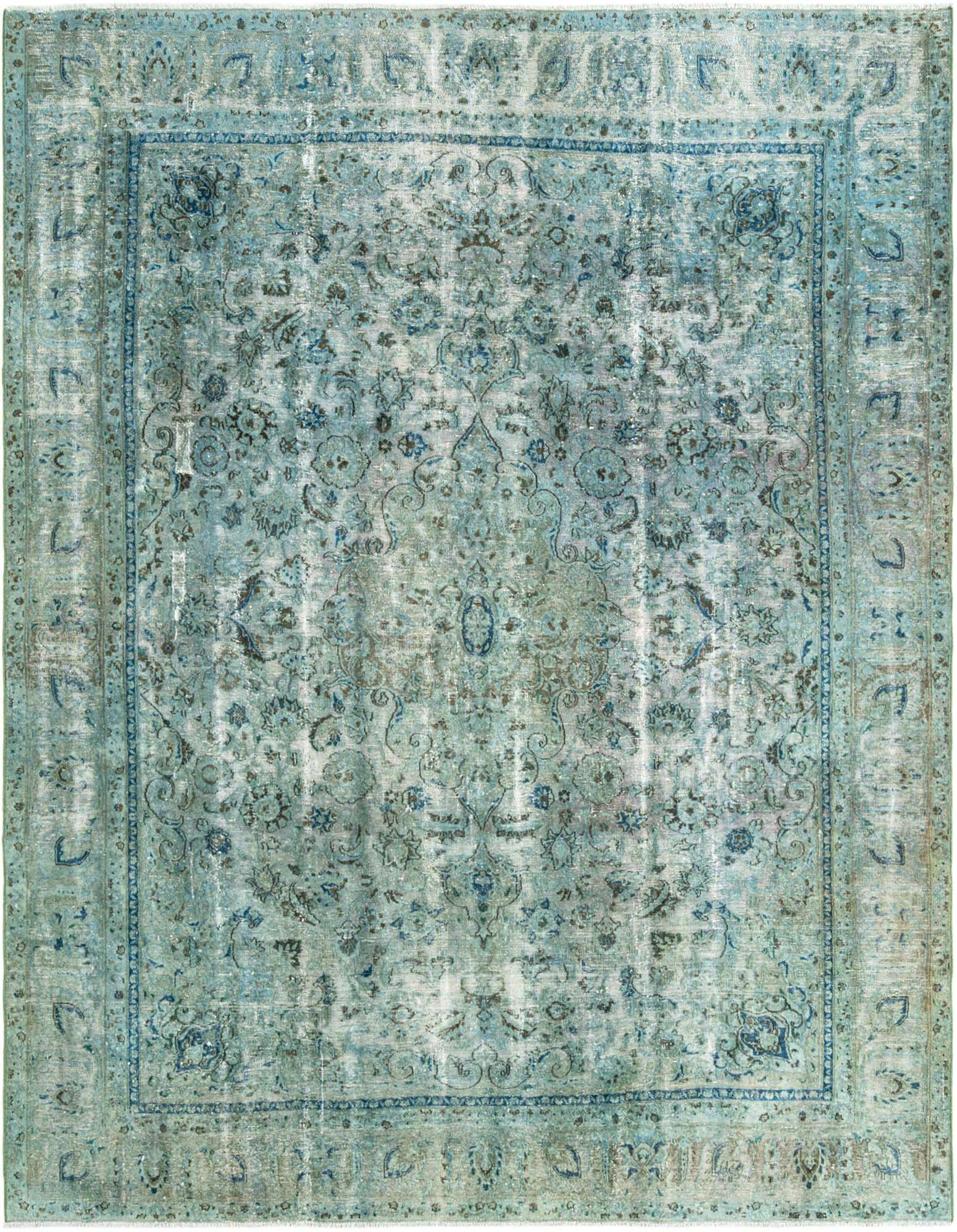 A large 9x12 rectangular Vintage Royal rug in distressed greens with an intricate traditional pattern and border.