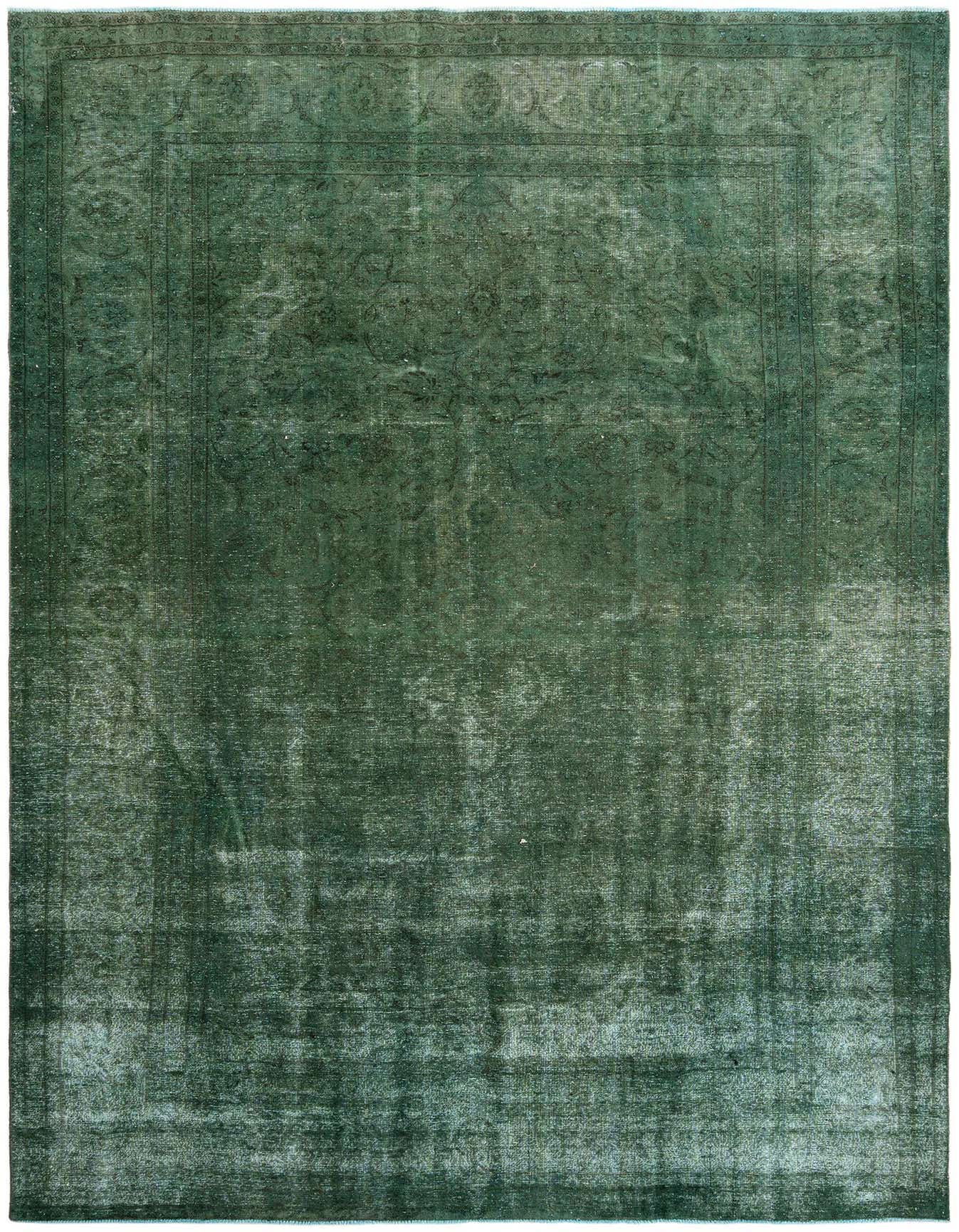 A large 9x12 rectangular green Persian wool rug with a distressed, faded traditional pattern, suitable for a living room.