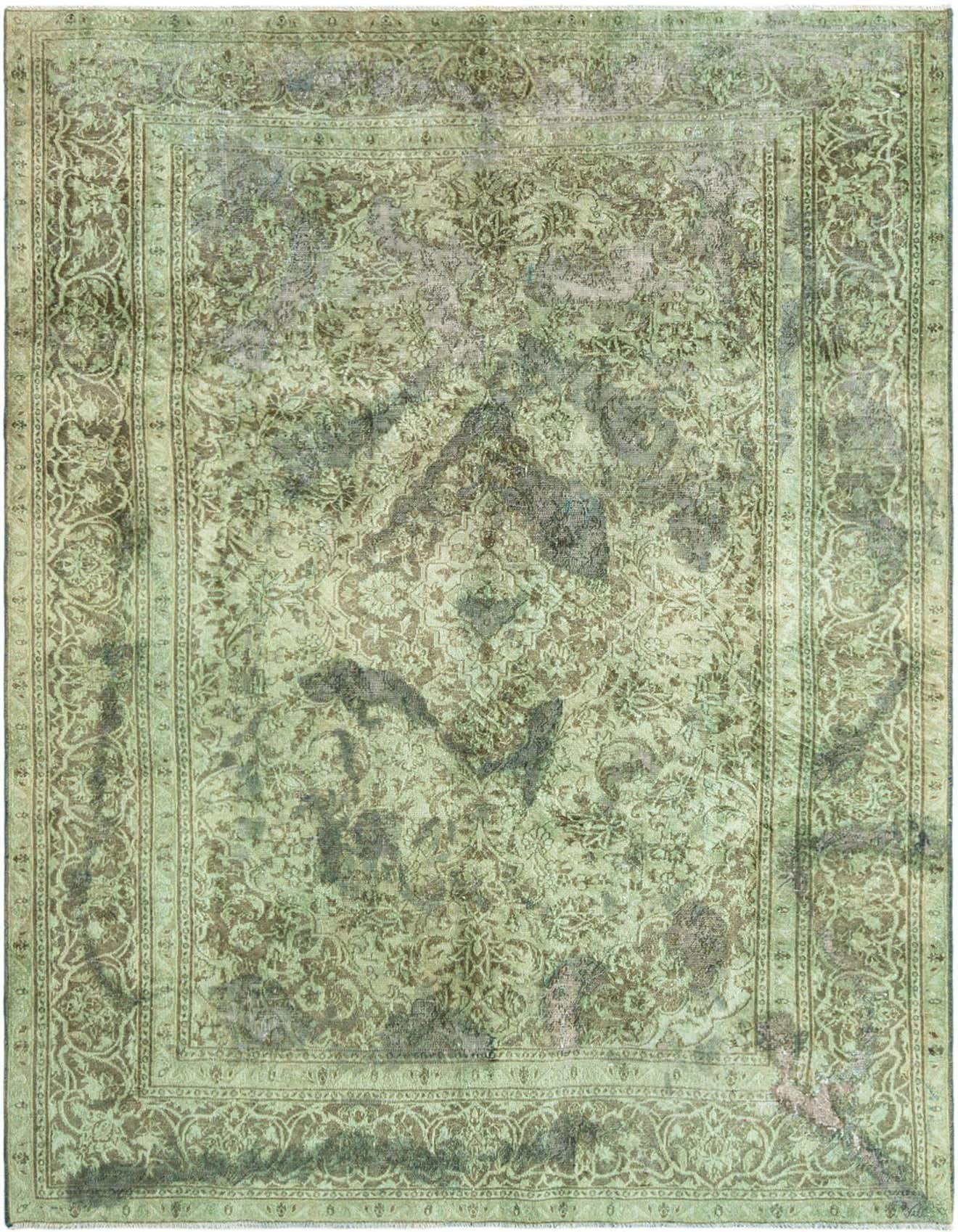 A 6x9 rectangular green vintage wool rug with a distressed traditional pattern and intricate border.