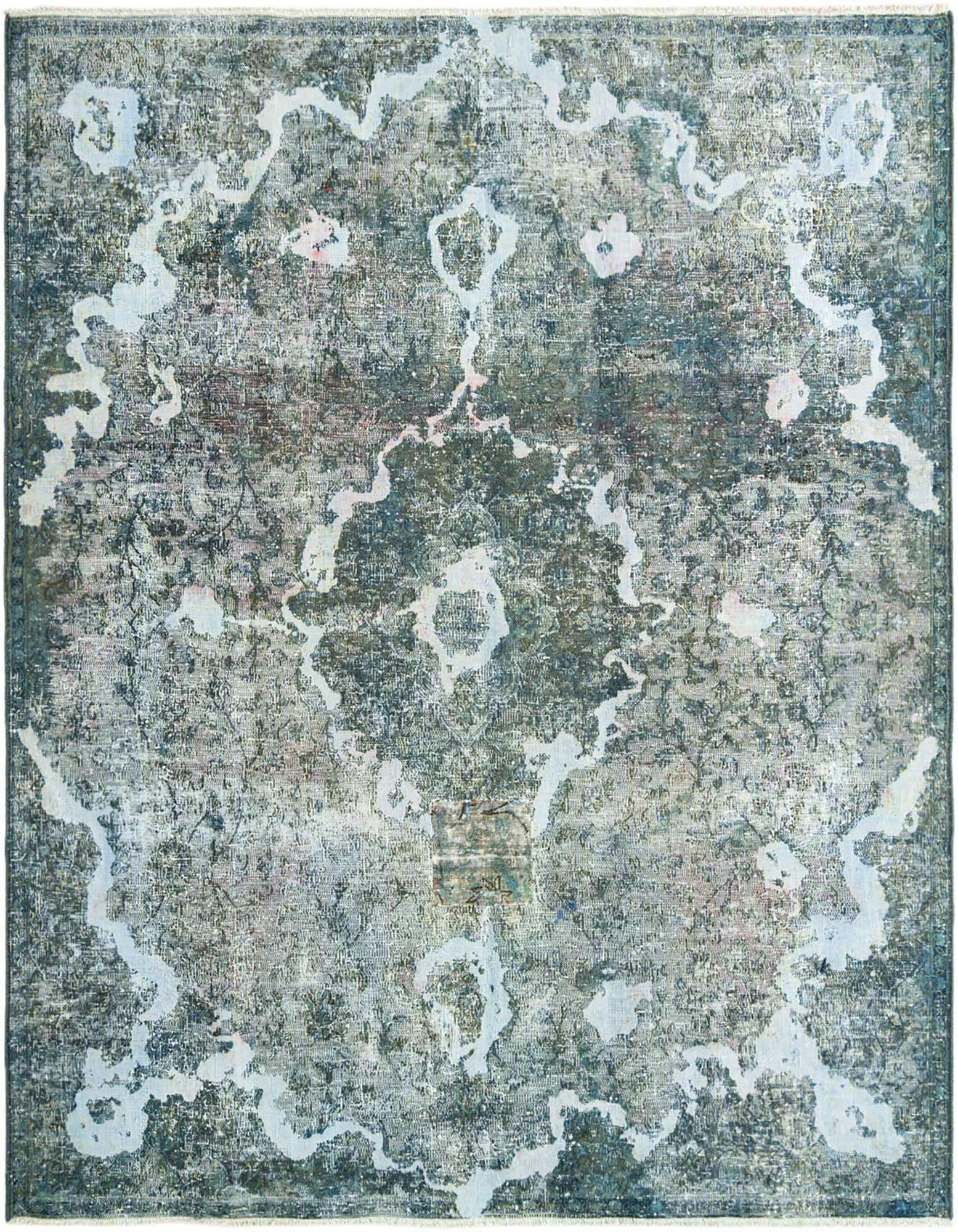 A 3x5 rectangular green vintage wool rug with an abstract, distressed light pattern, suitable for an entryway.