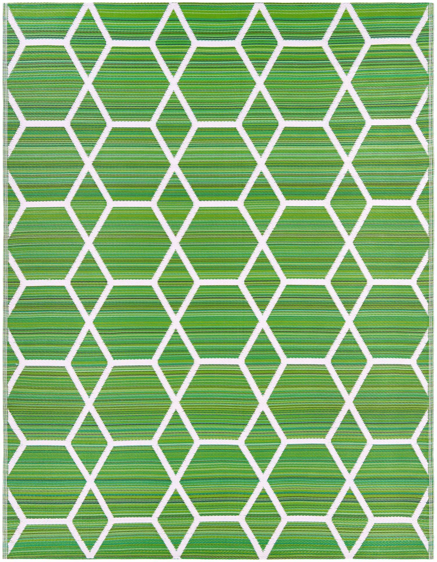 A vibrant 8x10 green modern rug with a white geometric honeycomb pattern, ideal for indoor or outdoor spaces.