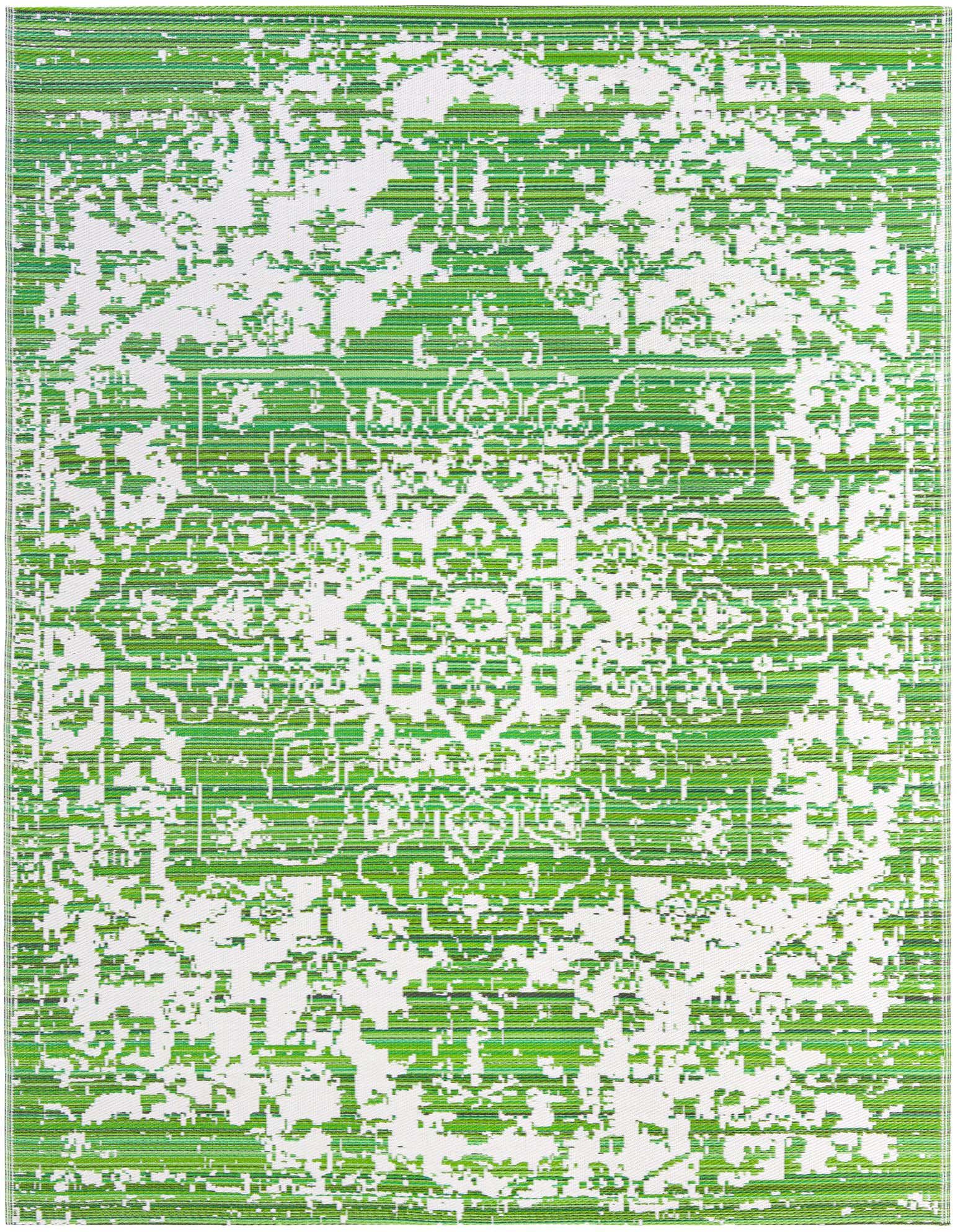 An 8x10 rectangular indoor/outdoor rug featuring a distressed modern pattern in various shades of green and white.