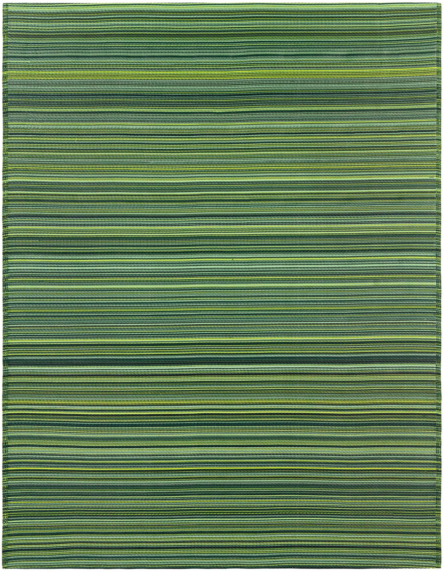 A rectangular 8x10 modern green indoor/outdoor rug with horizontal stripes of varying shades of green, ideal for a patio or living room.