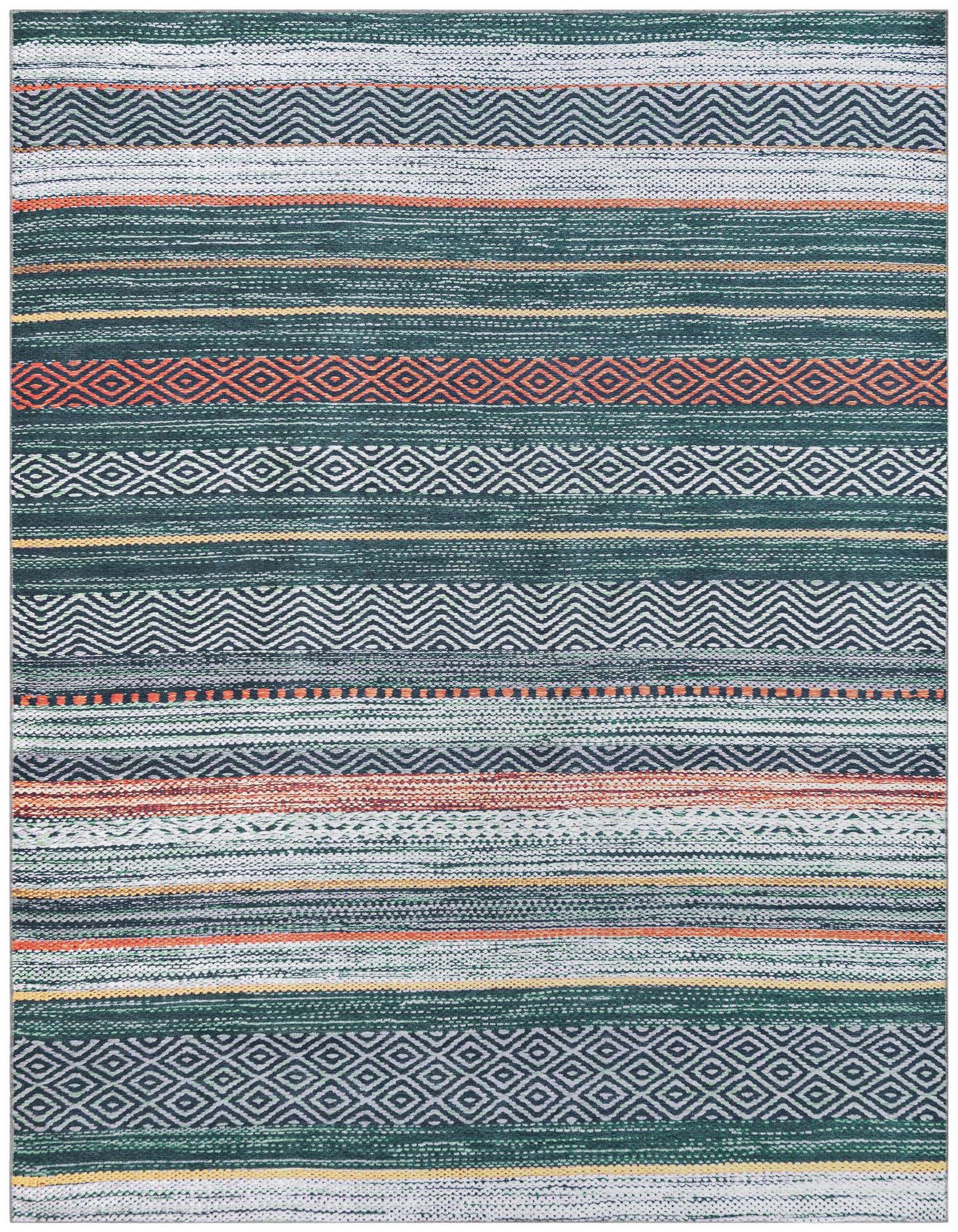 A rectangular 8x10 Yara rug with a coastal stripe pattern in various shades of green, white, and subtle orange.