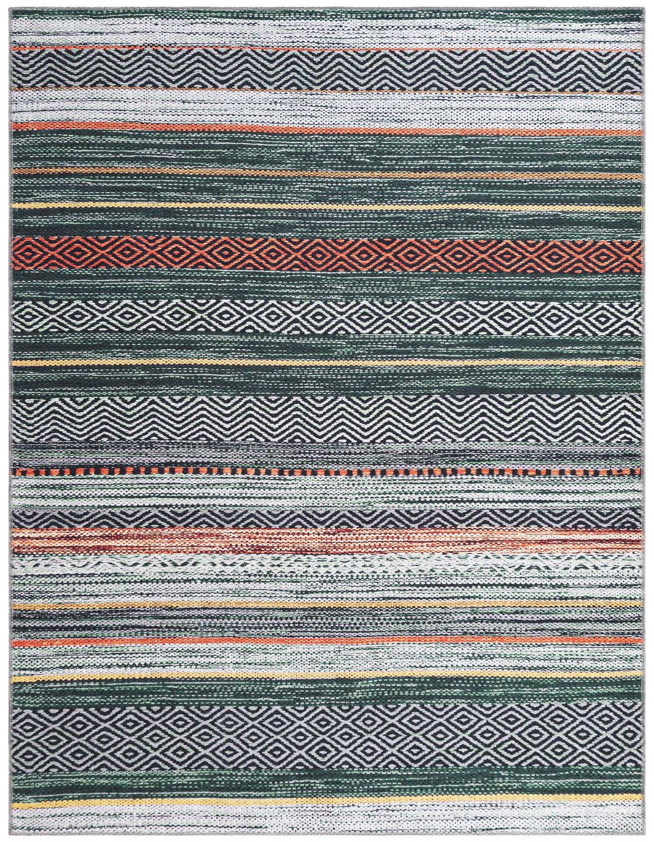 A 5x8 rectangular Yara rug featuring a coastal stripe pattern in various shades of green, white, orange, and yellow.