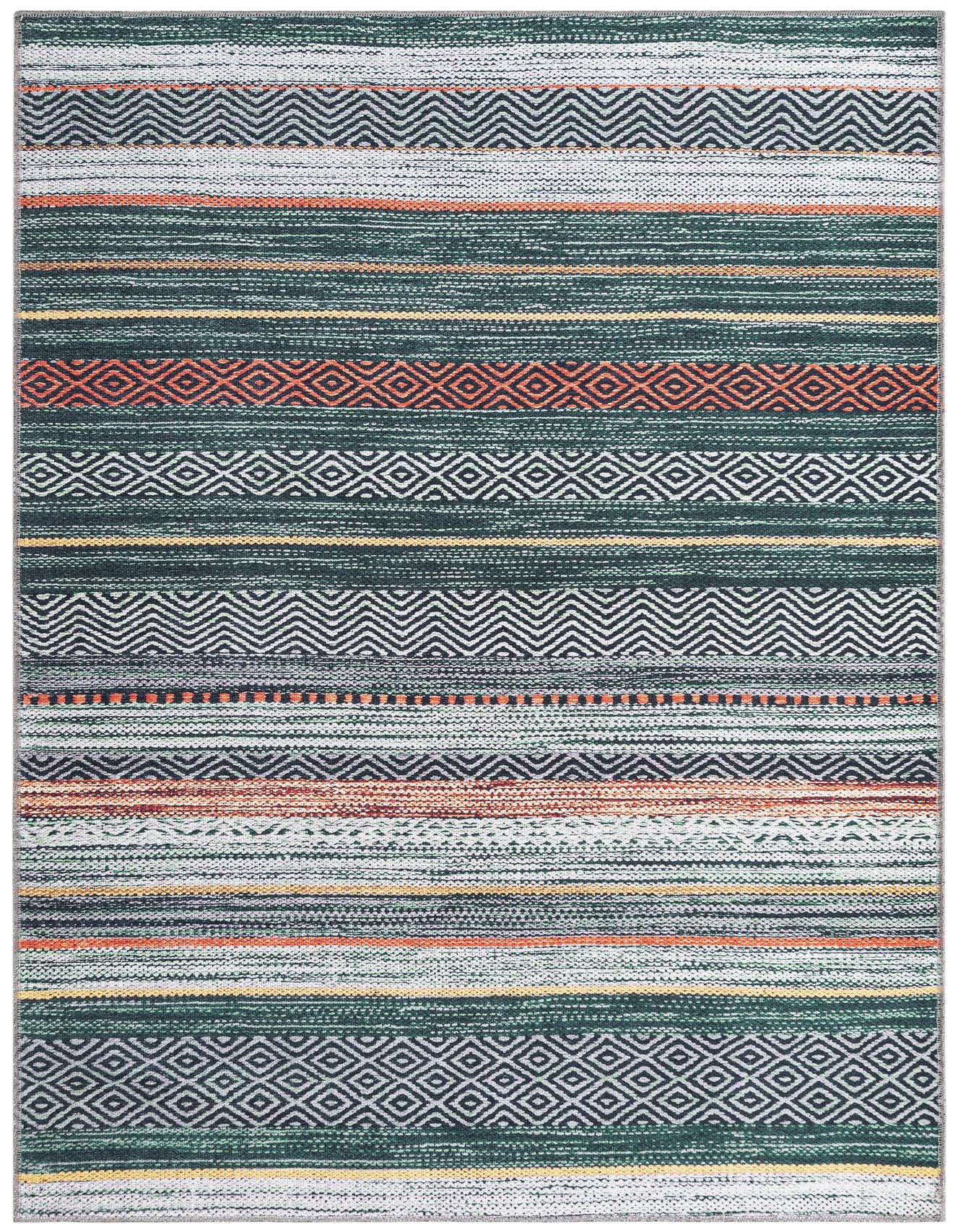 A 4x6 rectangular Yara rug featuring green, orange, and white stripes with geometric and chevron patterns, suitable for various indoor rooms.