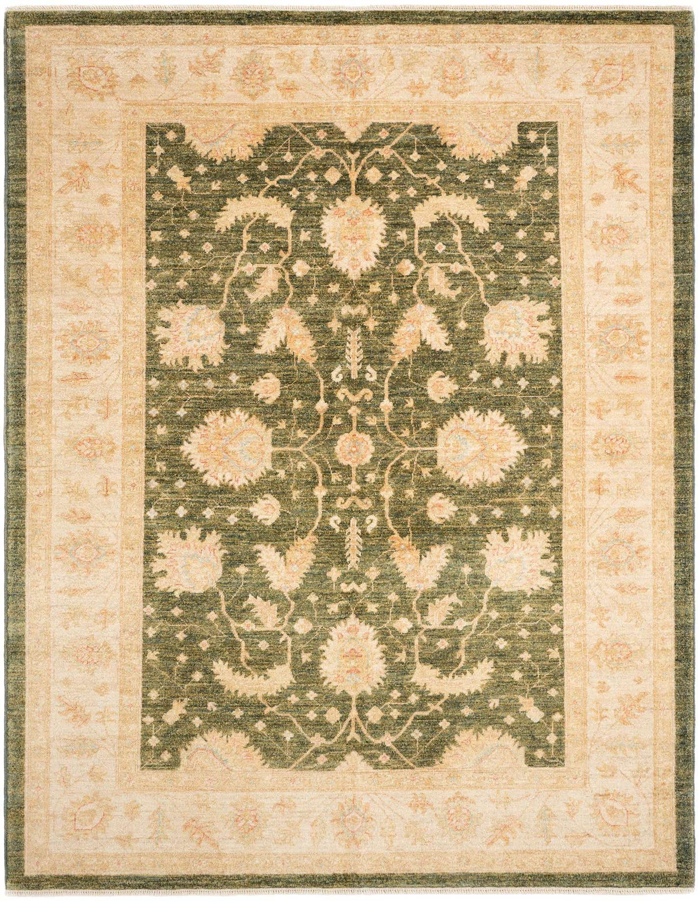 A 5x8 rectangular Ziegler Persian rug in shades of green and cream, featuring an intricate floral pattern and a medium pile.