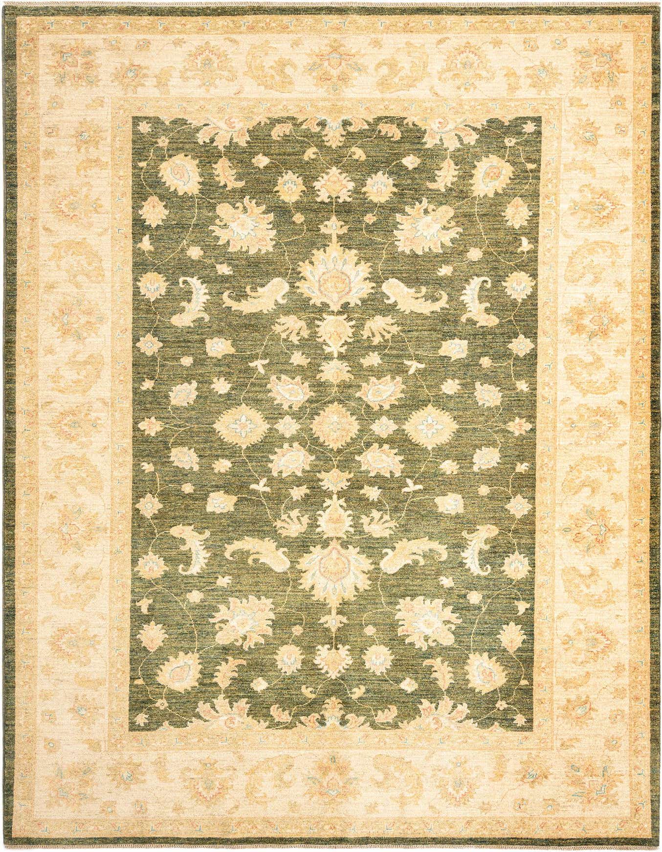 A 7x10 rectangular Ziegler Persian rug with a dark green field and an ornate floral pattern in cream and gold, bordered by a wide cream frame with complementary motifs.