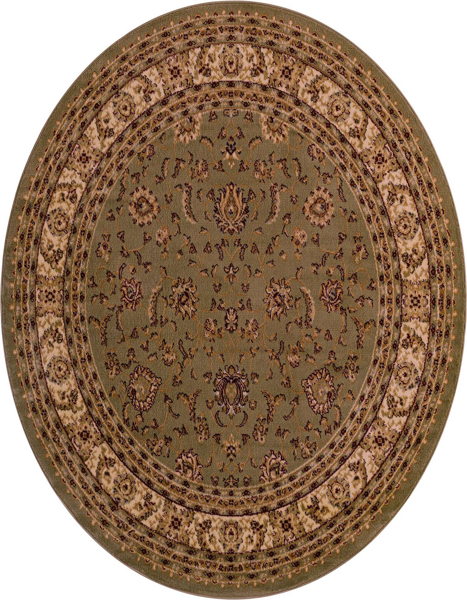A 6' 0 x 6' 0 round green area rug with a traditional floral and oriental pattern in shades of brown and beige.