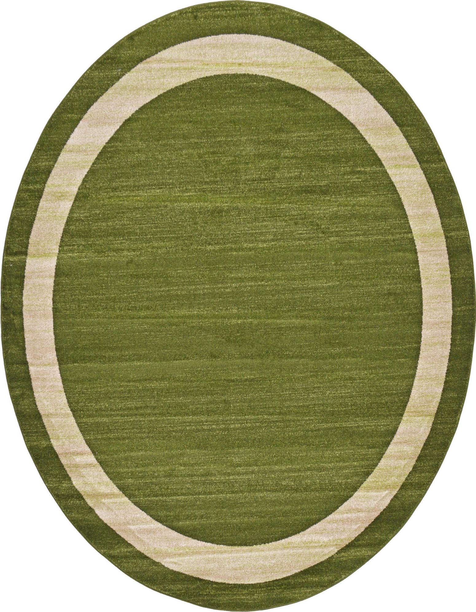 A round green area rug with a wide, light beige border, suitable for contemporary indoor spaces.