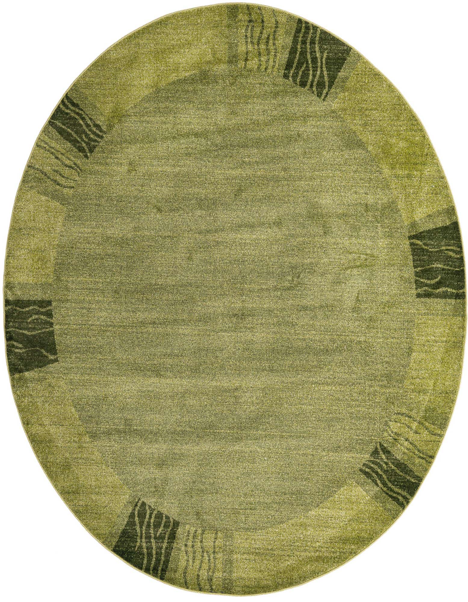 A round 8' green polypropylene rug with a lighter green border featuring abstract dark green wavy patterns.