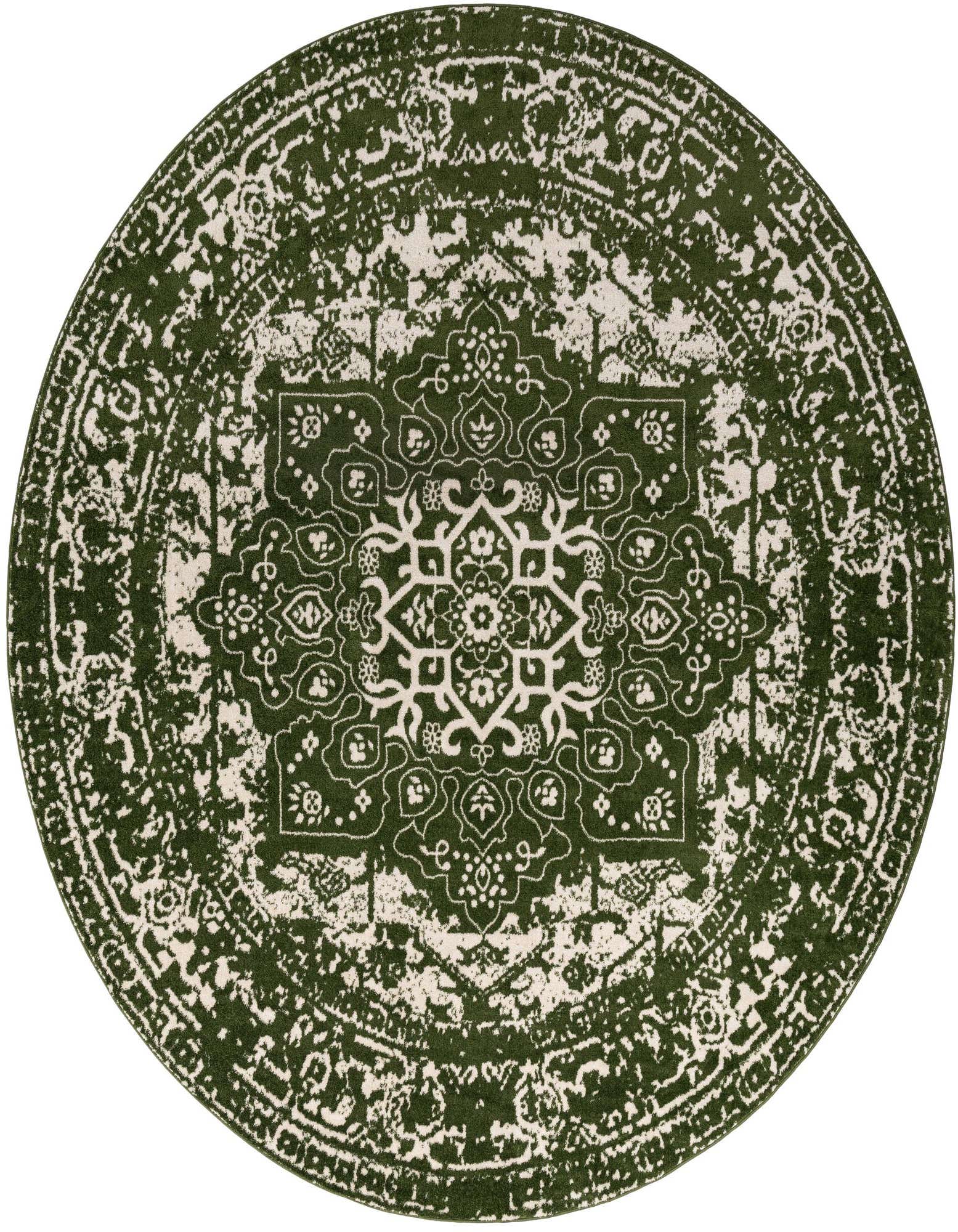 A large 12-foot round green and white transitional rug with a distressed medallion pattern.
