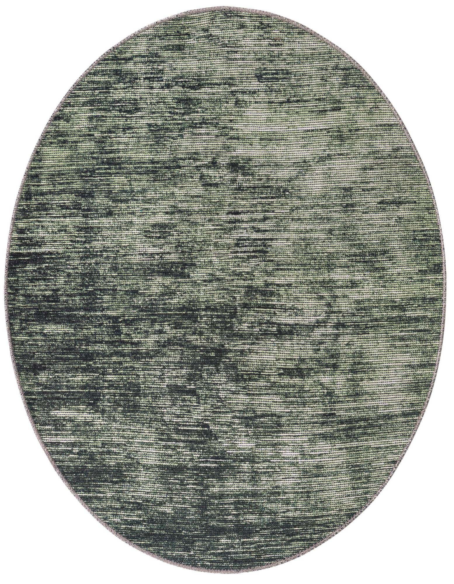 A 5' 0 round green modern rug with a subtle striped pattern, made from chenille, ideal for indoor spaces.