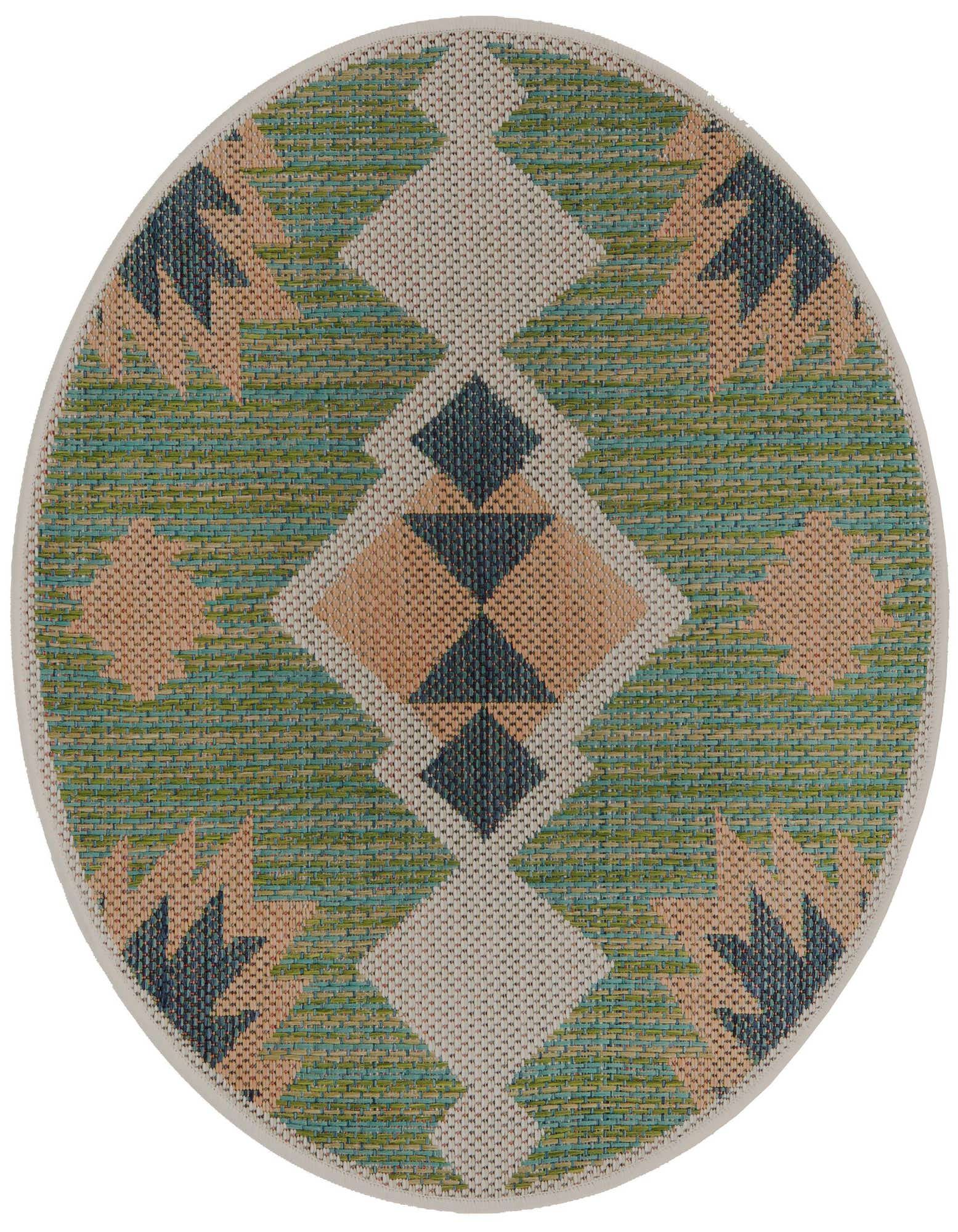 Round green, beige, and dark blue Southwestern rug with a central diamond pattern and tribal motifs.