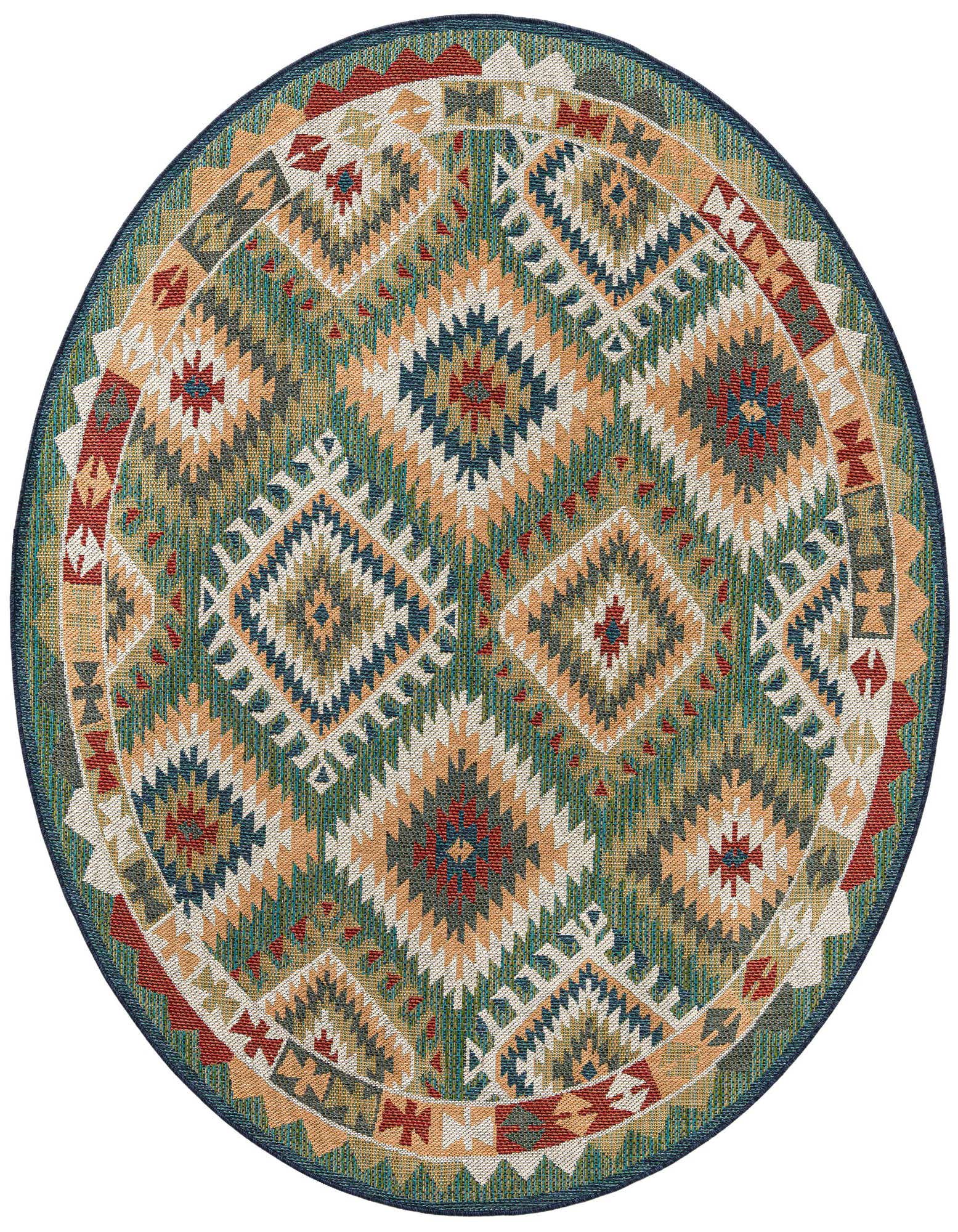 A 7' 10 round Baja Outdoor rug featuring a vibrant Southwestern tribal pattern in greens, blues, oranges, and reds.