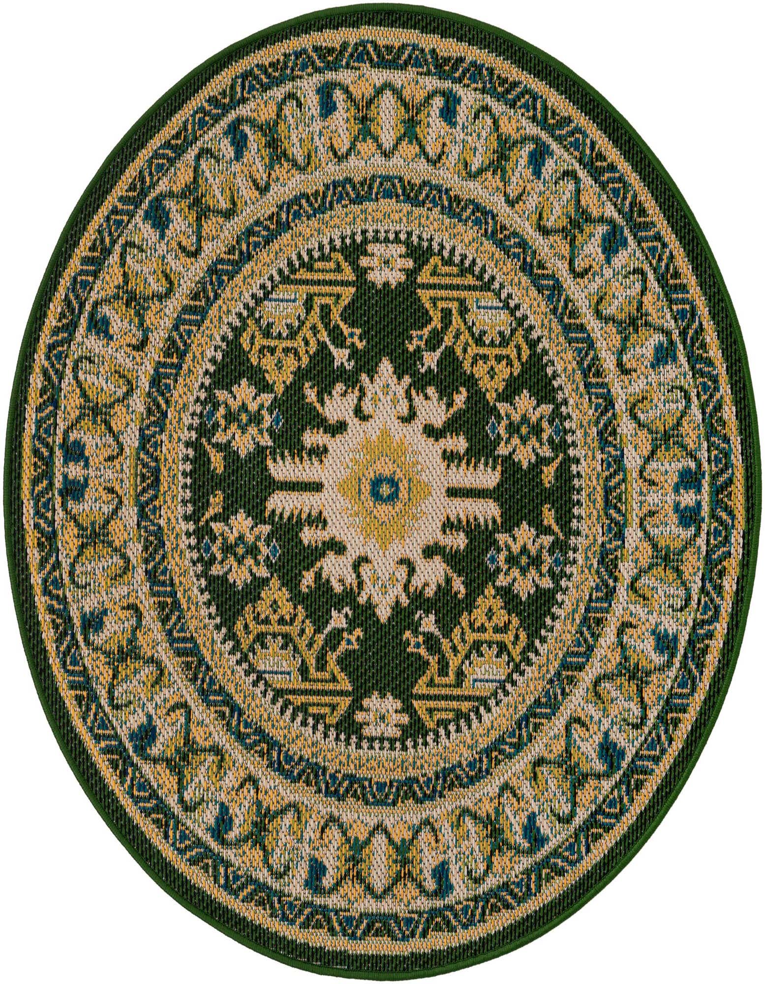A 4' round green outdoor rug with a traditional medallion pattern in yellow, beige, and blue, suitable for a patio.