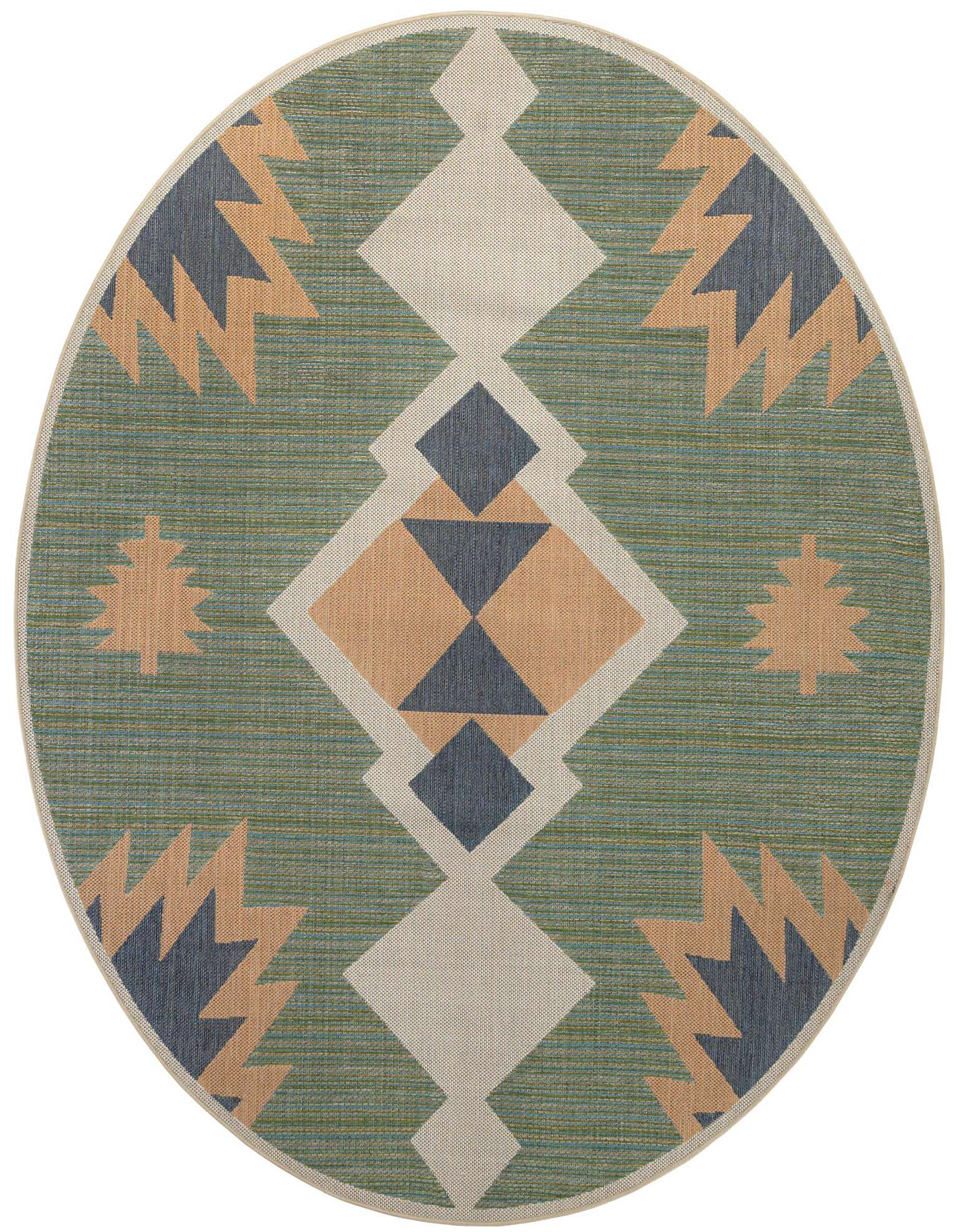 A 10-foot round green rug with a central diamond pattern in beige, navy, and tan, surrounded by tribal-inspired motifs.