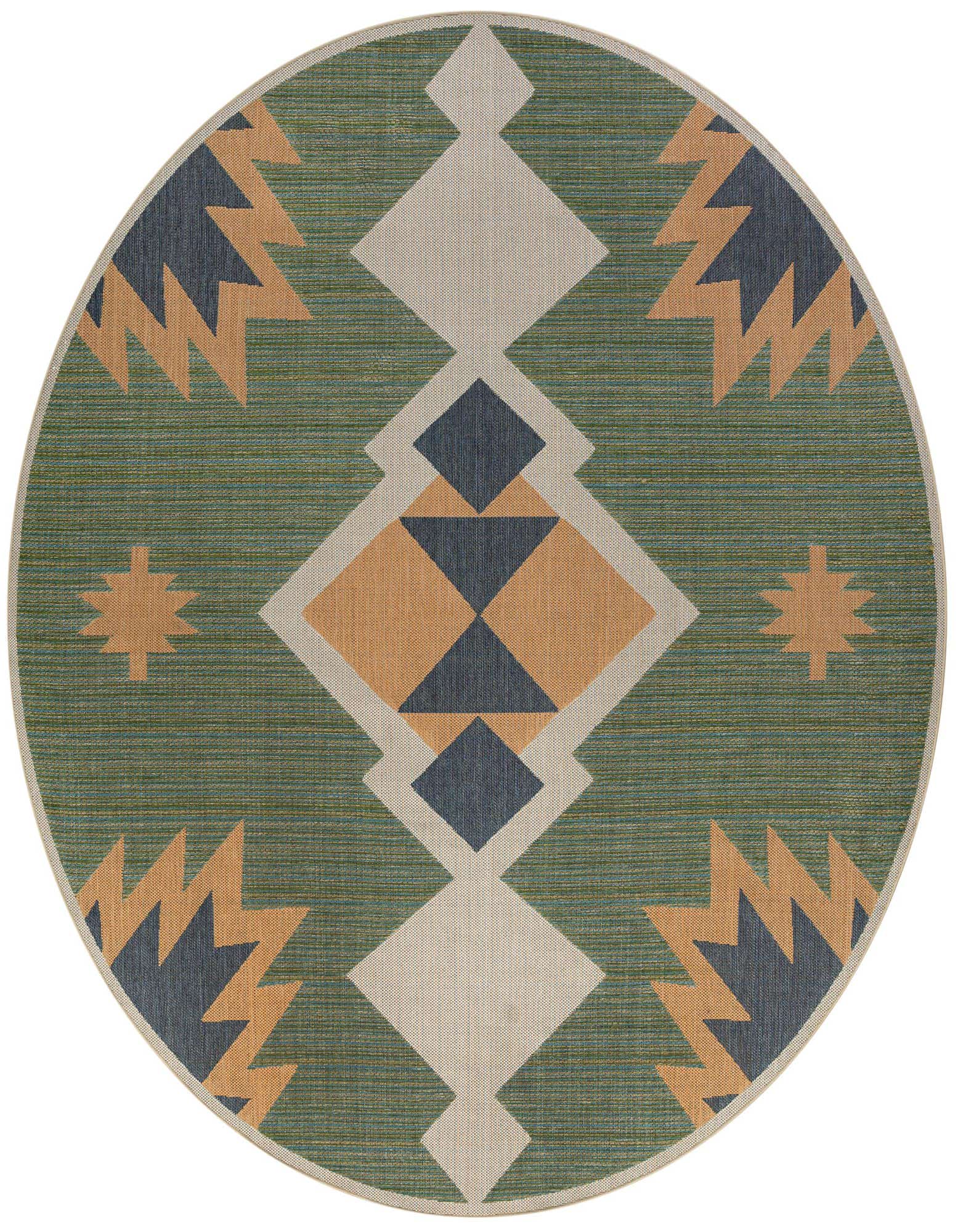A 12-foot round green Southwestern rug with a central diamond pattern in beige, orange, and navy, suitable for a patio.