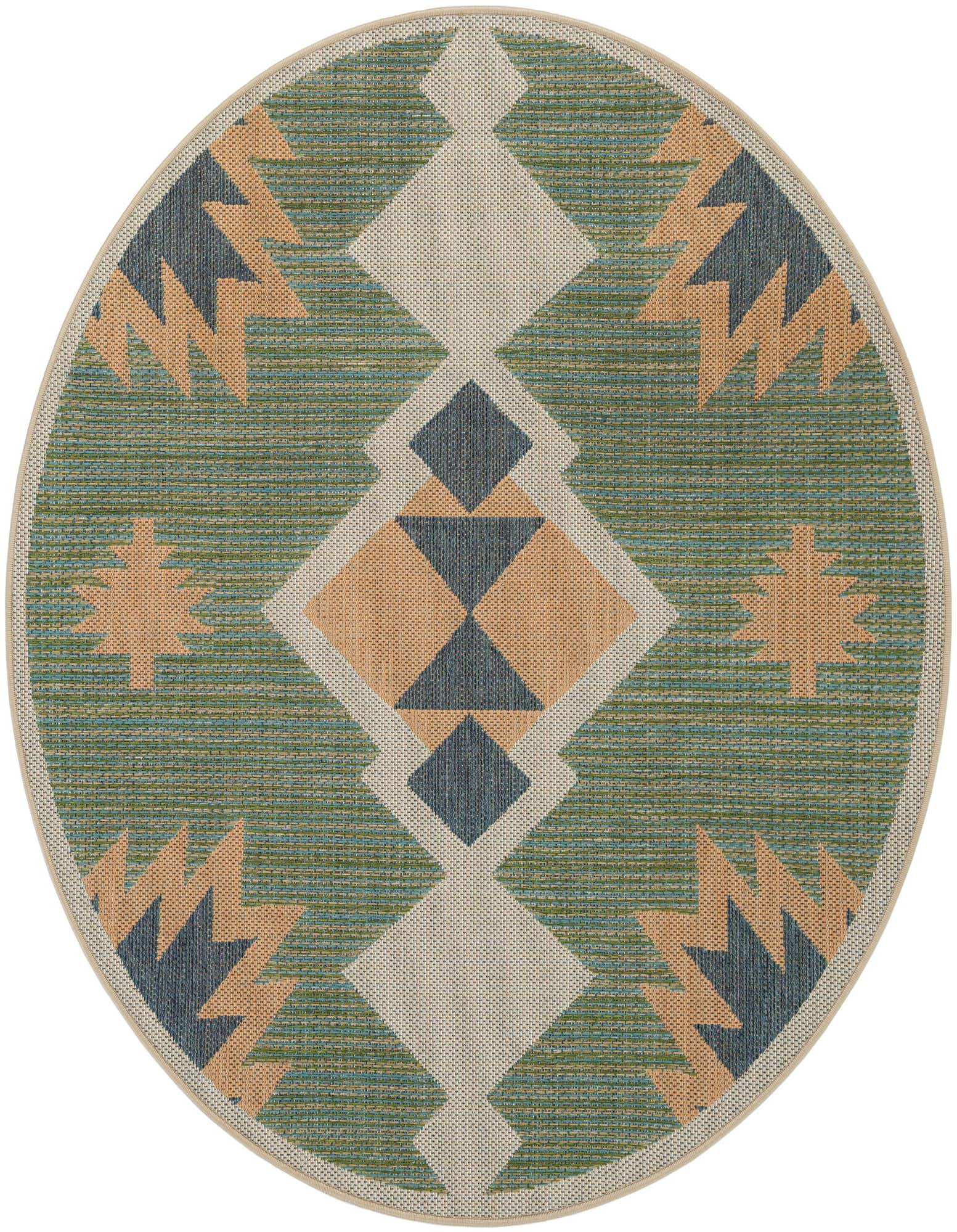 A 6' round Baja Outdoor rug featuring a green, tan, and blue Southwestern tribal pattern with a central medallion.