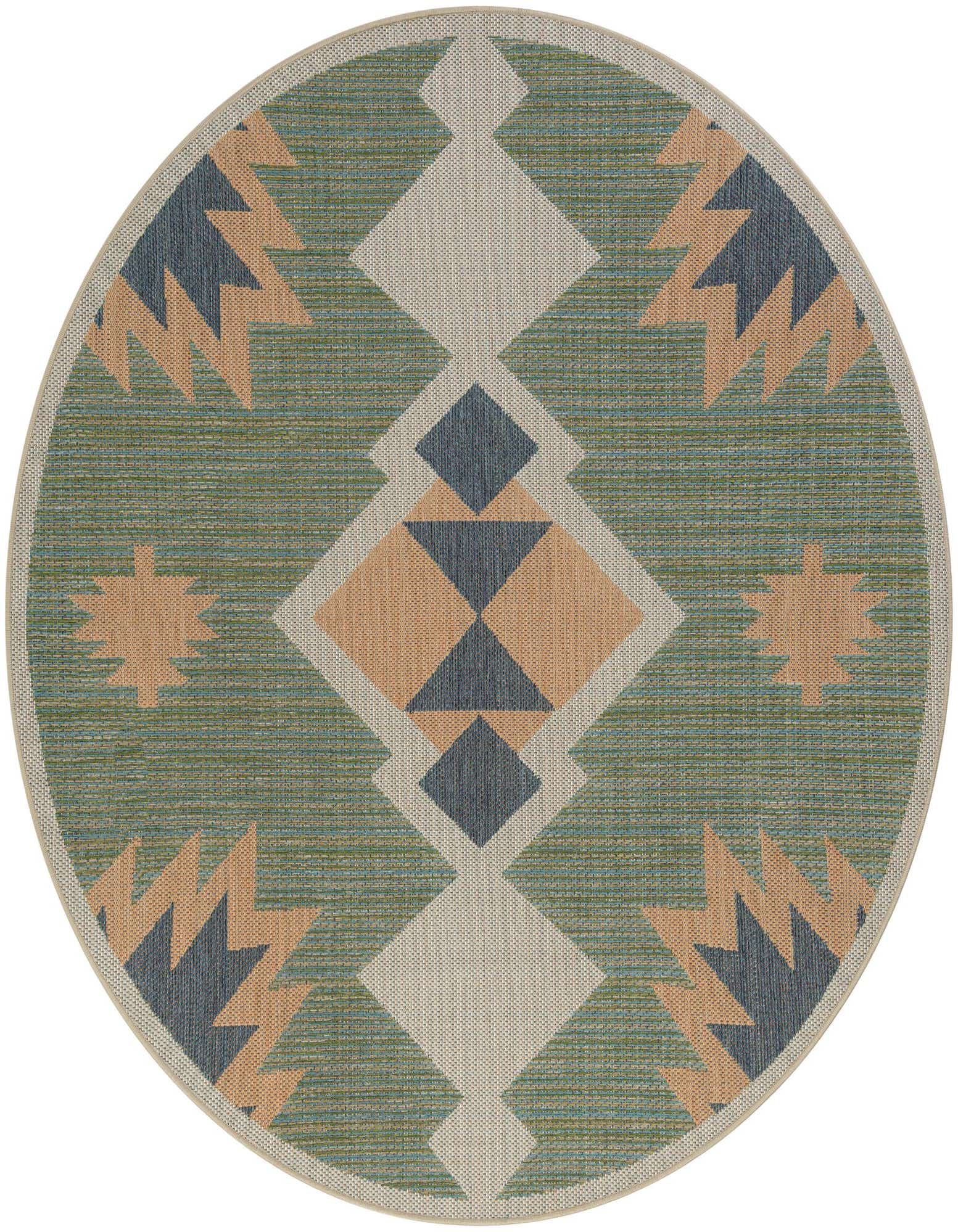 A round green Baja Outdoor rug with a vintage tribal Southwestern pattern in shades of green, beige, and blue.