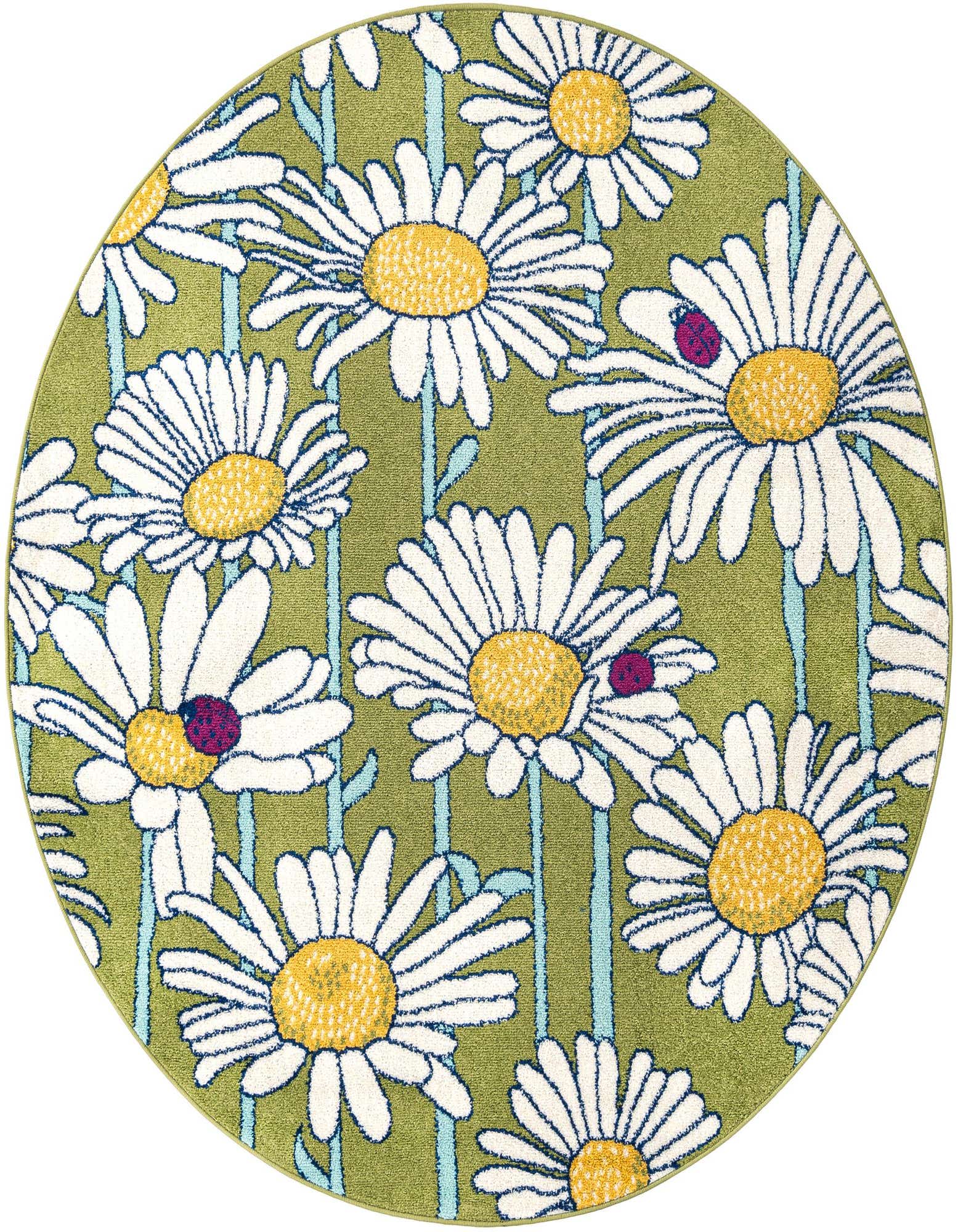 A round green rug with a modern floral pattern featuring large white daisies with yellow centers and small purple ladybugs.
