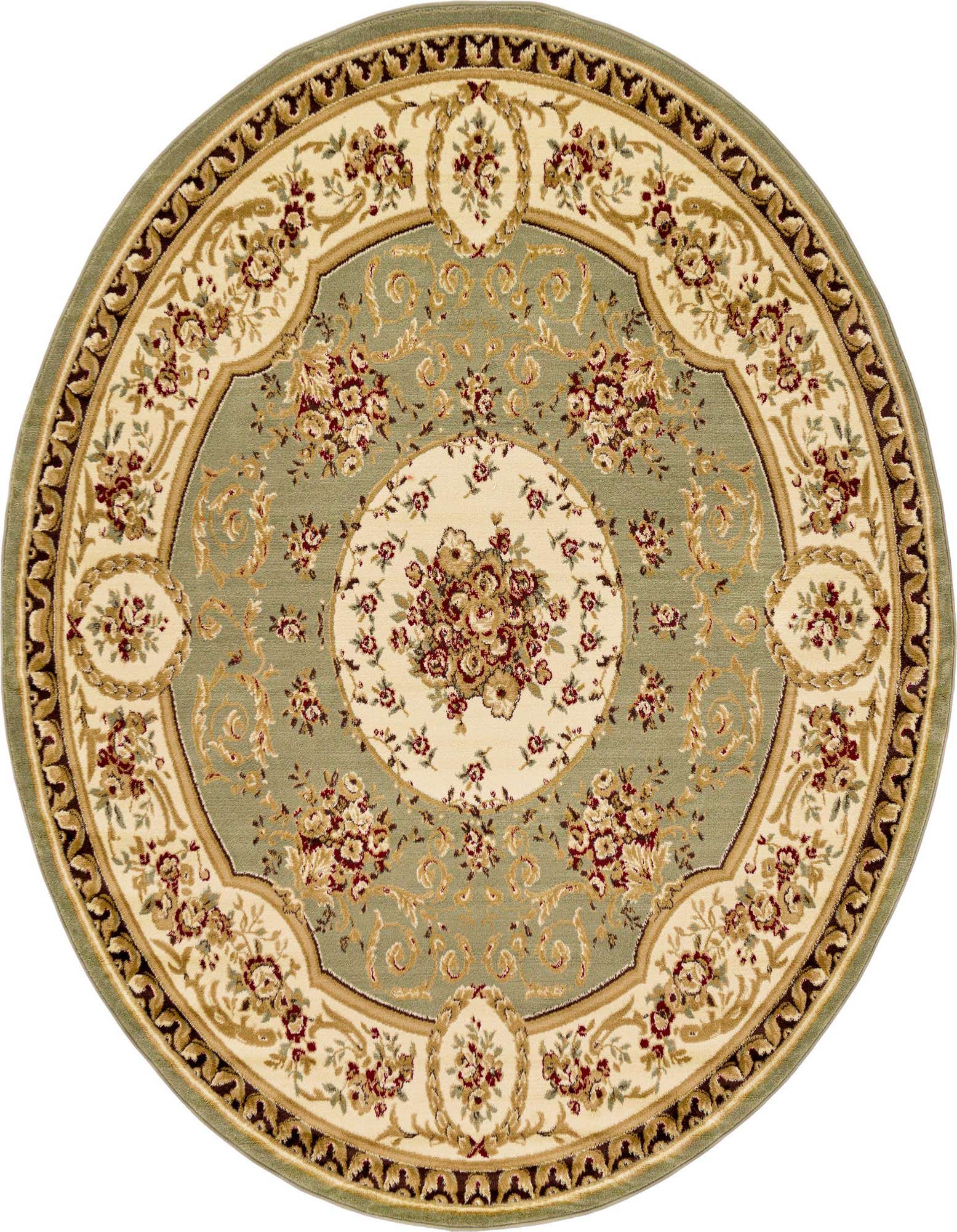 A round green traditional rug with a central medallion and floral patterns in cream, red, and gold.