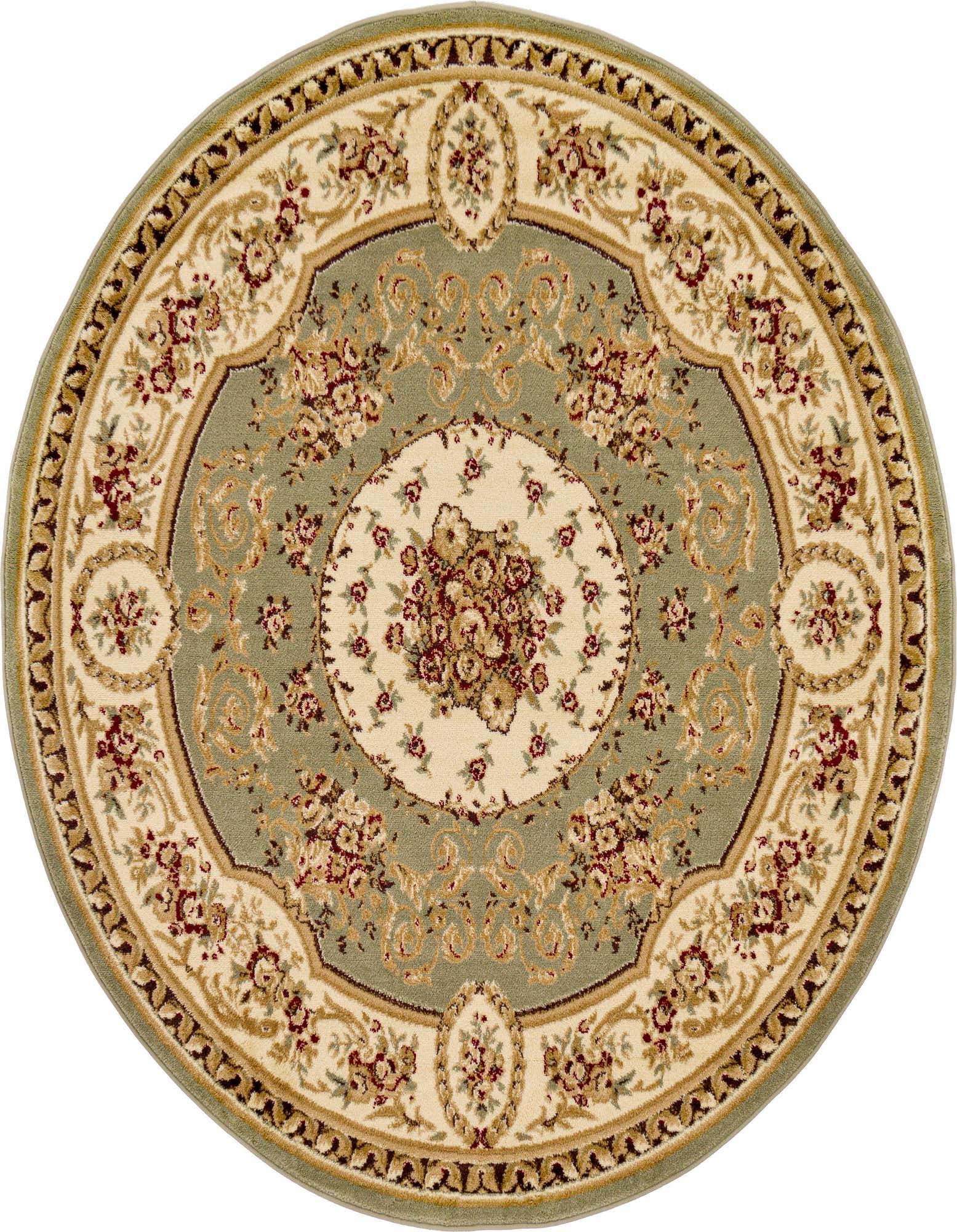 A 6' round traditional green and cream rug with a central floral medallion and intricate border.
