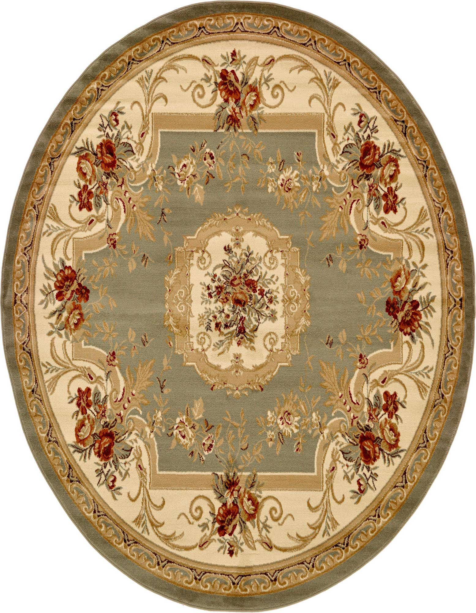 A round 7' 10 green traditional rug with an ornate floral medallion pattern in cream, red, and gold.