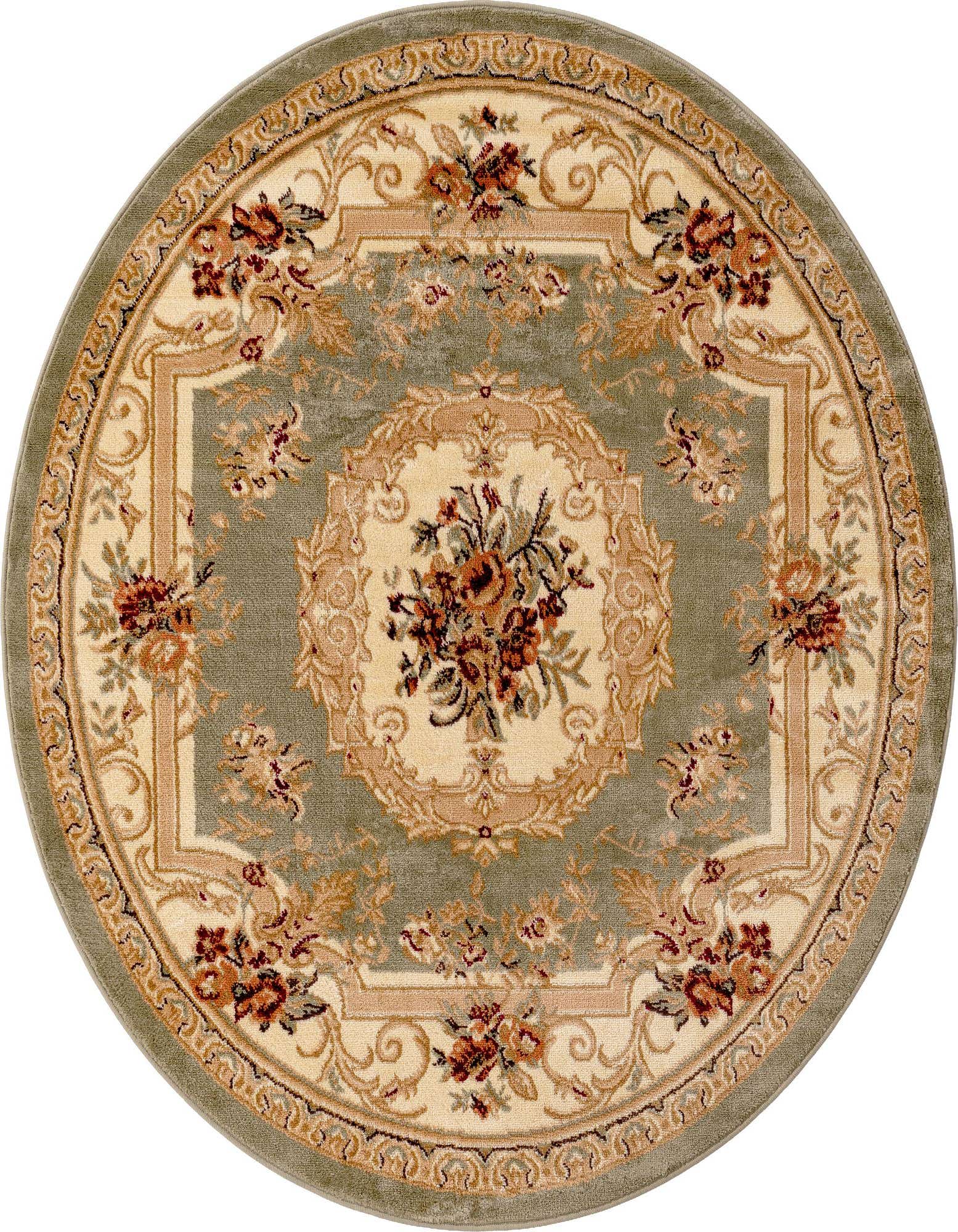 A round green traditional rug with a cream border and floral medallion pattern, featuring red and orange flowers.