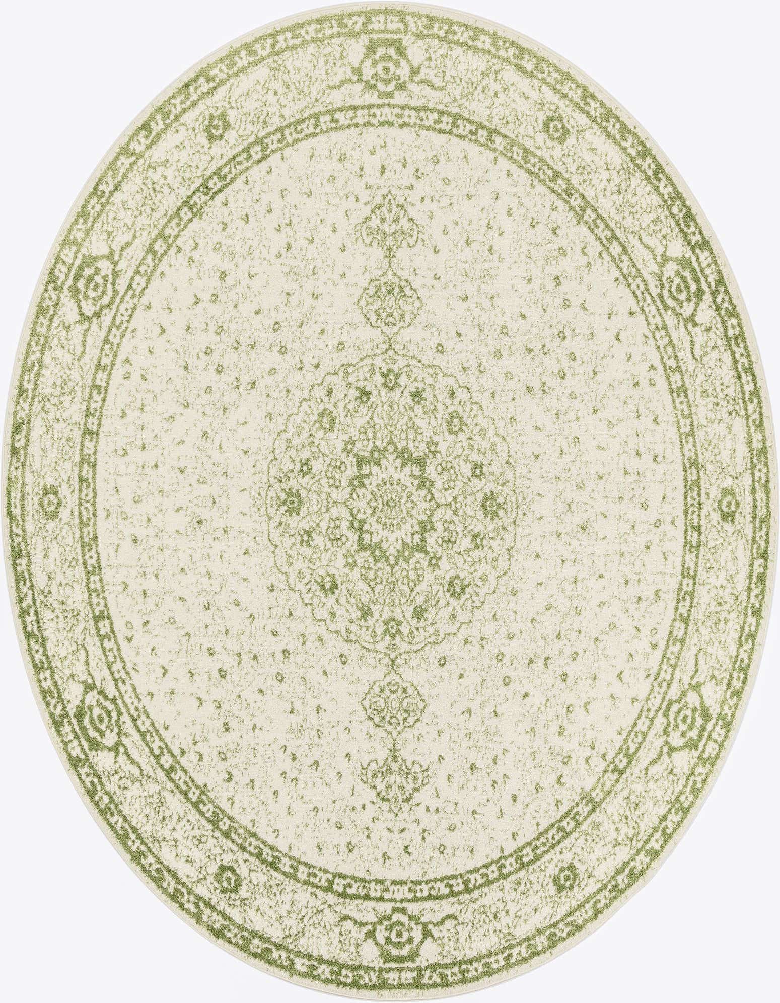 A 10-foot round green and ivory medallion area rug with a transitional pattern and distressed finish.