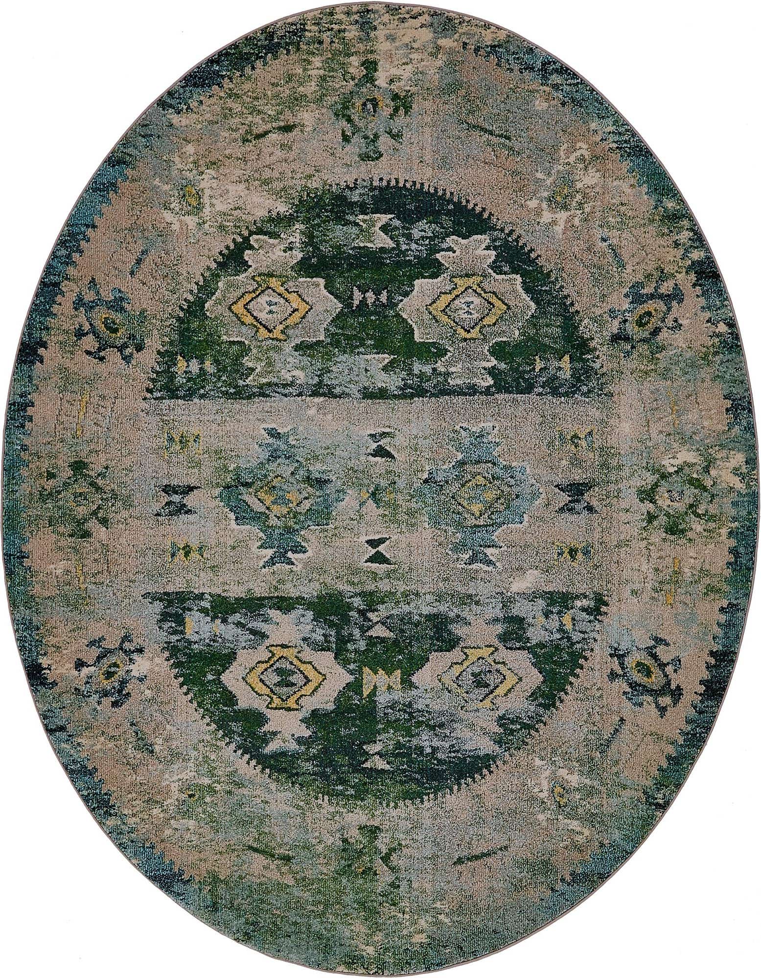 A round green and beige El Paso collection rug with a distressed Bohemian tribal pattern, featuring yellow accents.