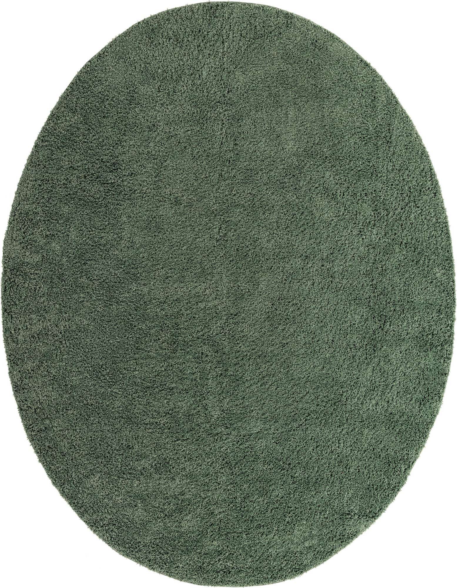 A large 12' 4 round shag rug in a deep green color, showcasing its soft, textured pile.