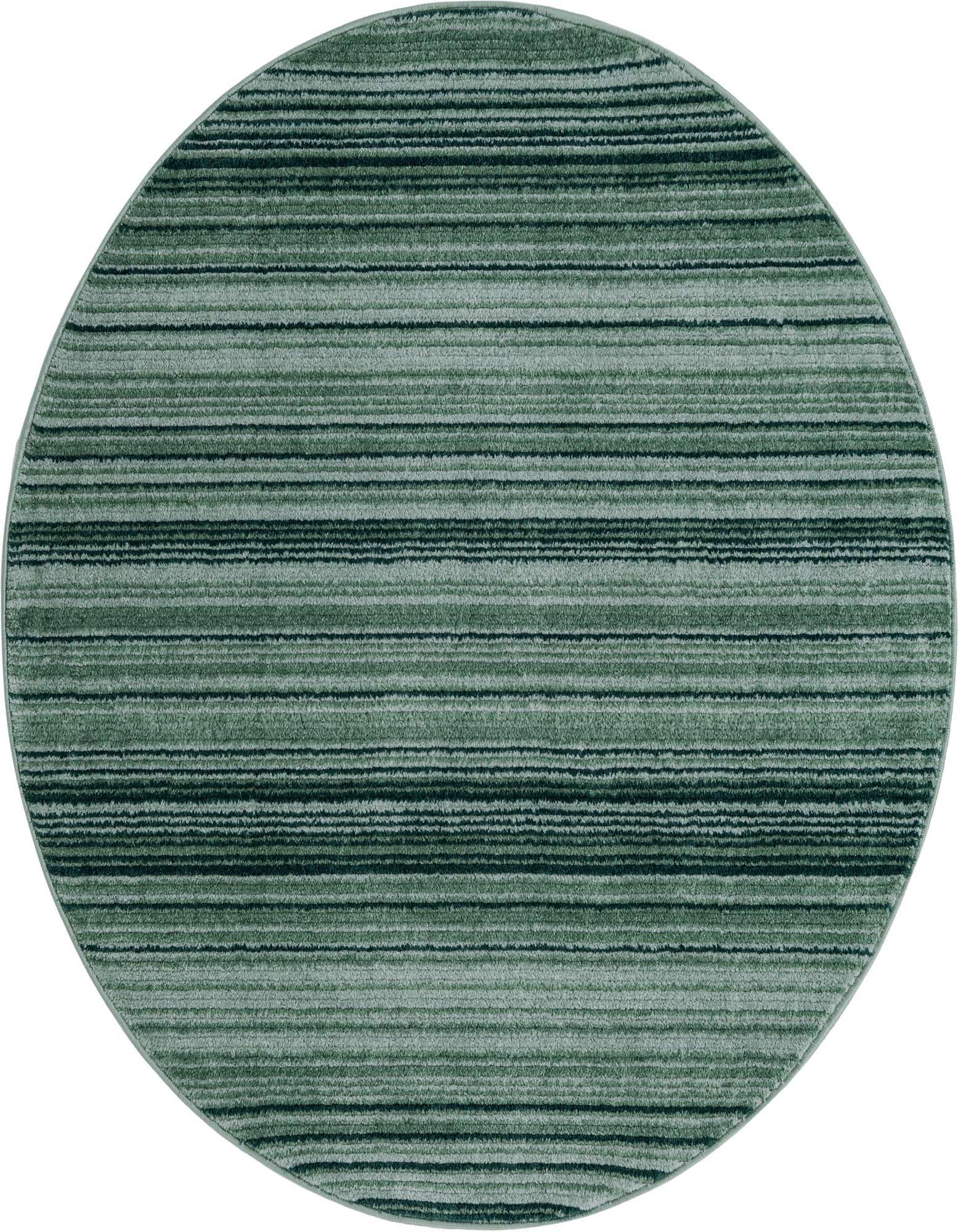 A 5' 3 round green modern rug with varying shades of green horizontal stripes, showcasing its textured pile.