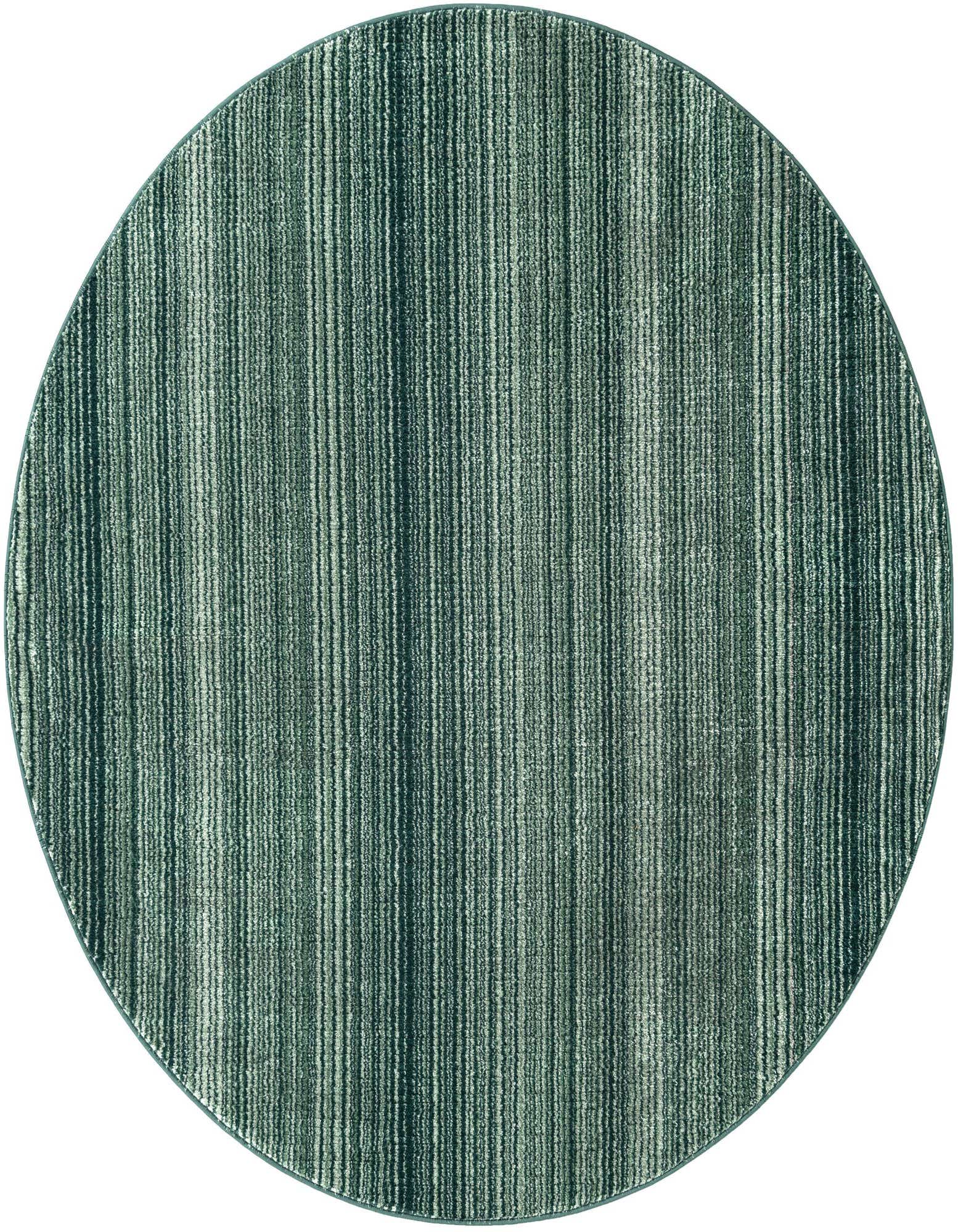 A 6' 3 x 6' 3 round green area rug with vertical stripes in varying shades of green, ideal for a patio.