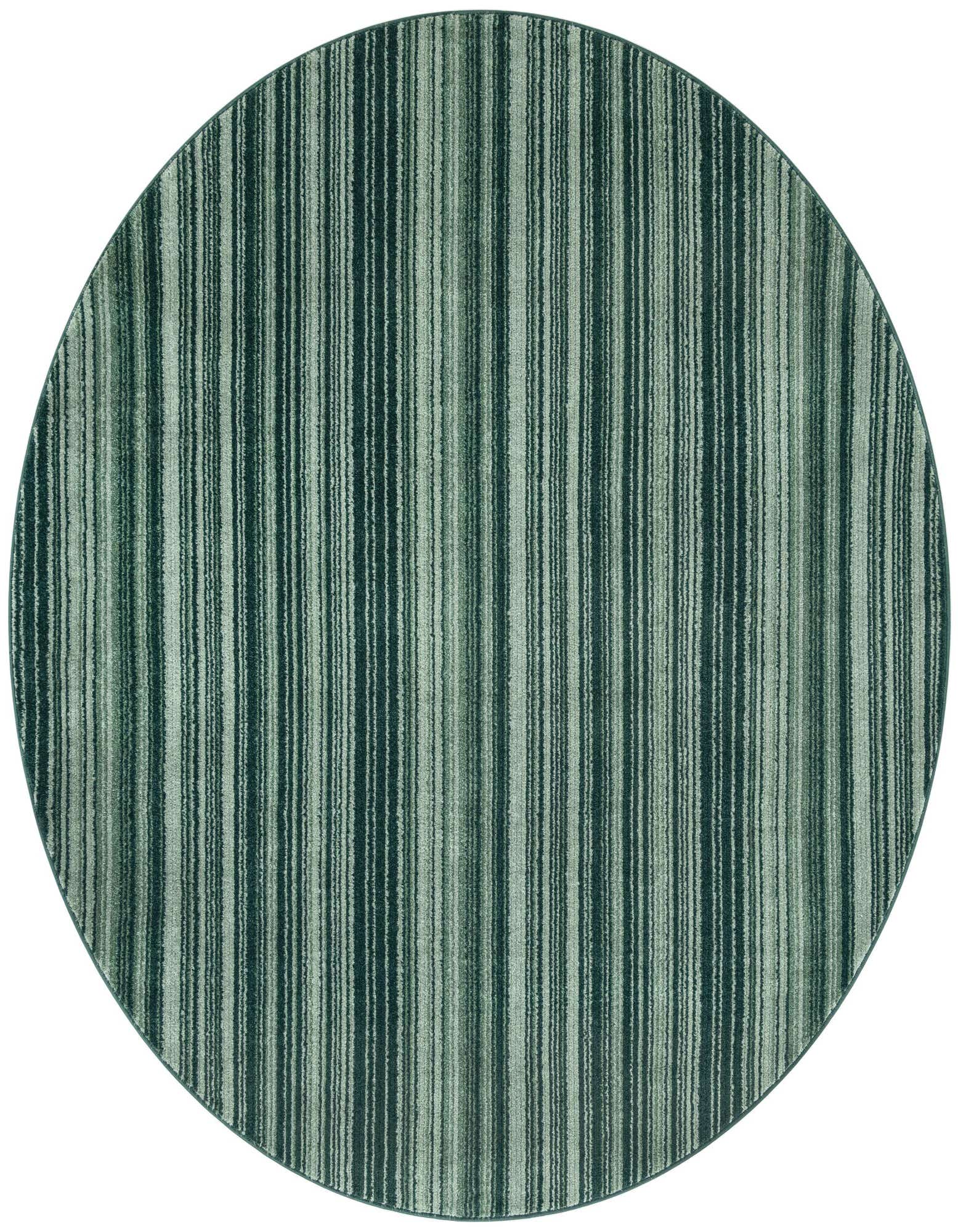 A round 7' 10 x 7' 10 green area rug with varying vertical stripes of light and dark green, suitable for a patio.