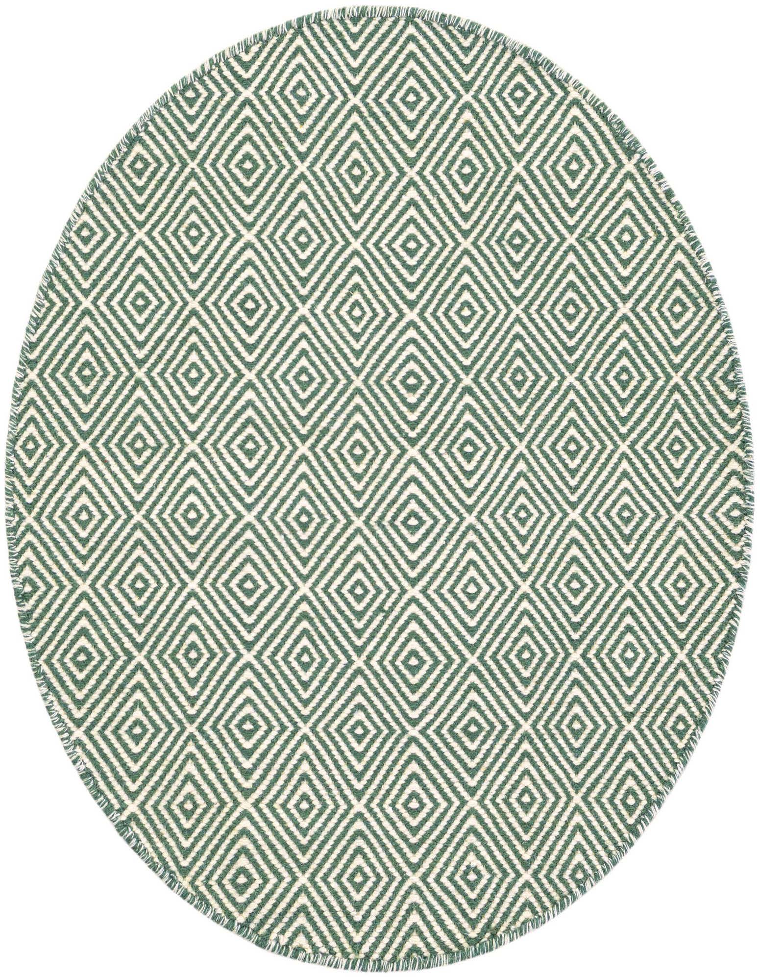 A 3' 1 round green and off-white Geo Trellis Flatweave rug with a modern geometric diamond pattern.