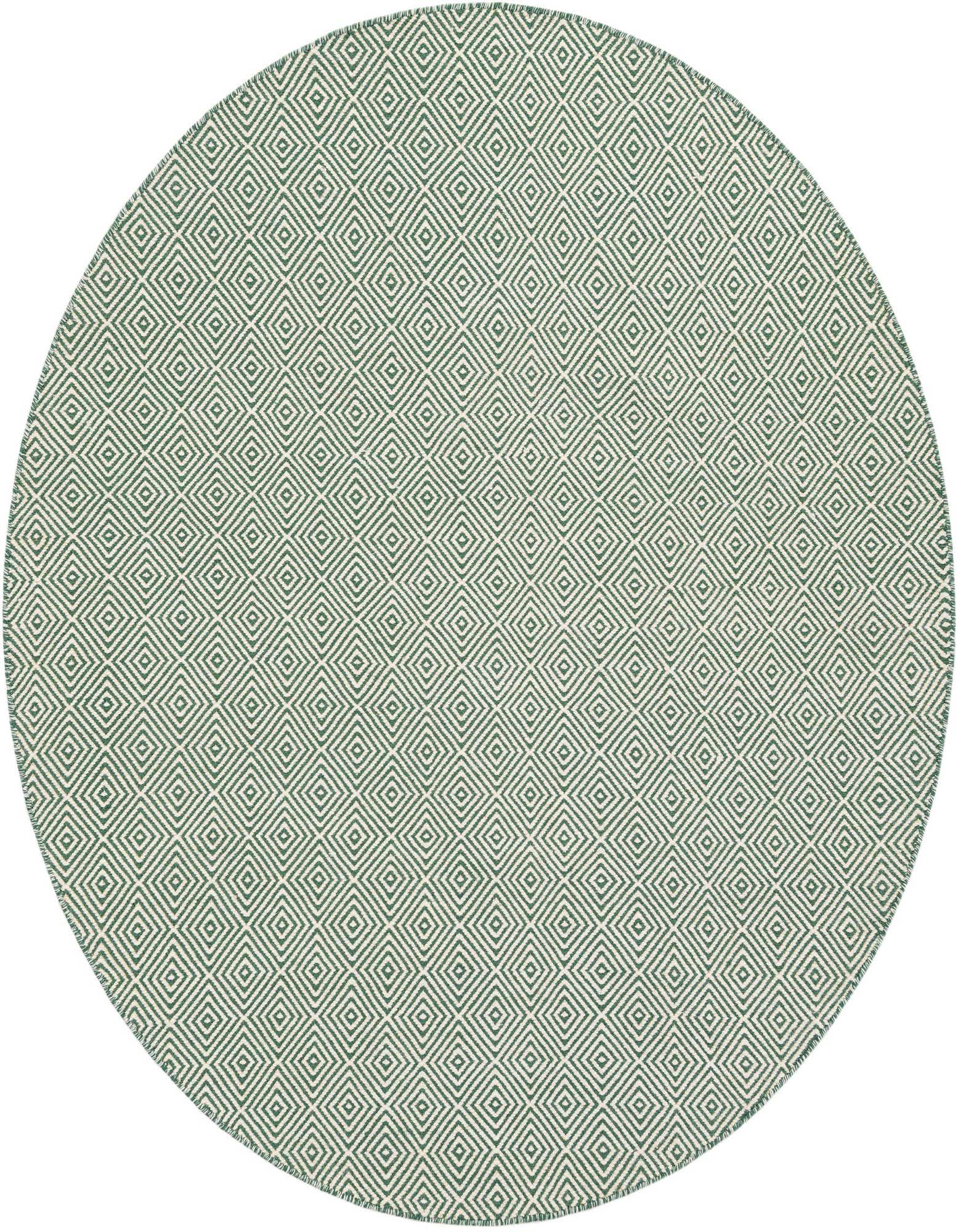 A round green and white flatweave rug with a repeating geometric trellis pattern, ideal for a modern living space.